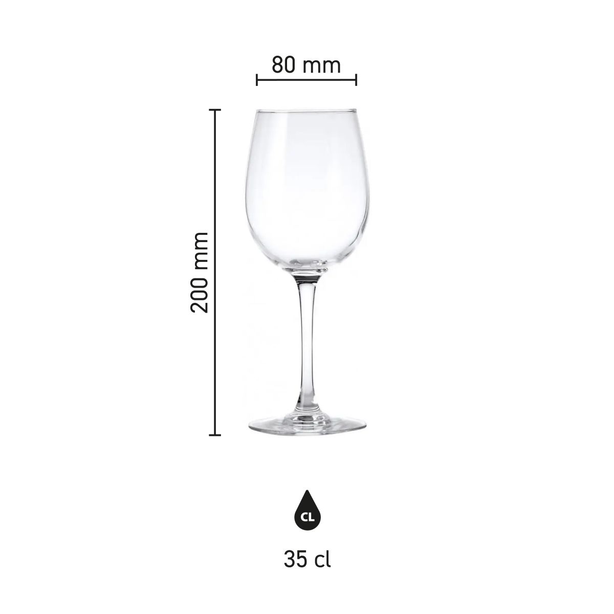Infografik mit den Abmessungen des Weinglases Cosy Moments 35 cl, einschließlich Höhe und Inhalt.