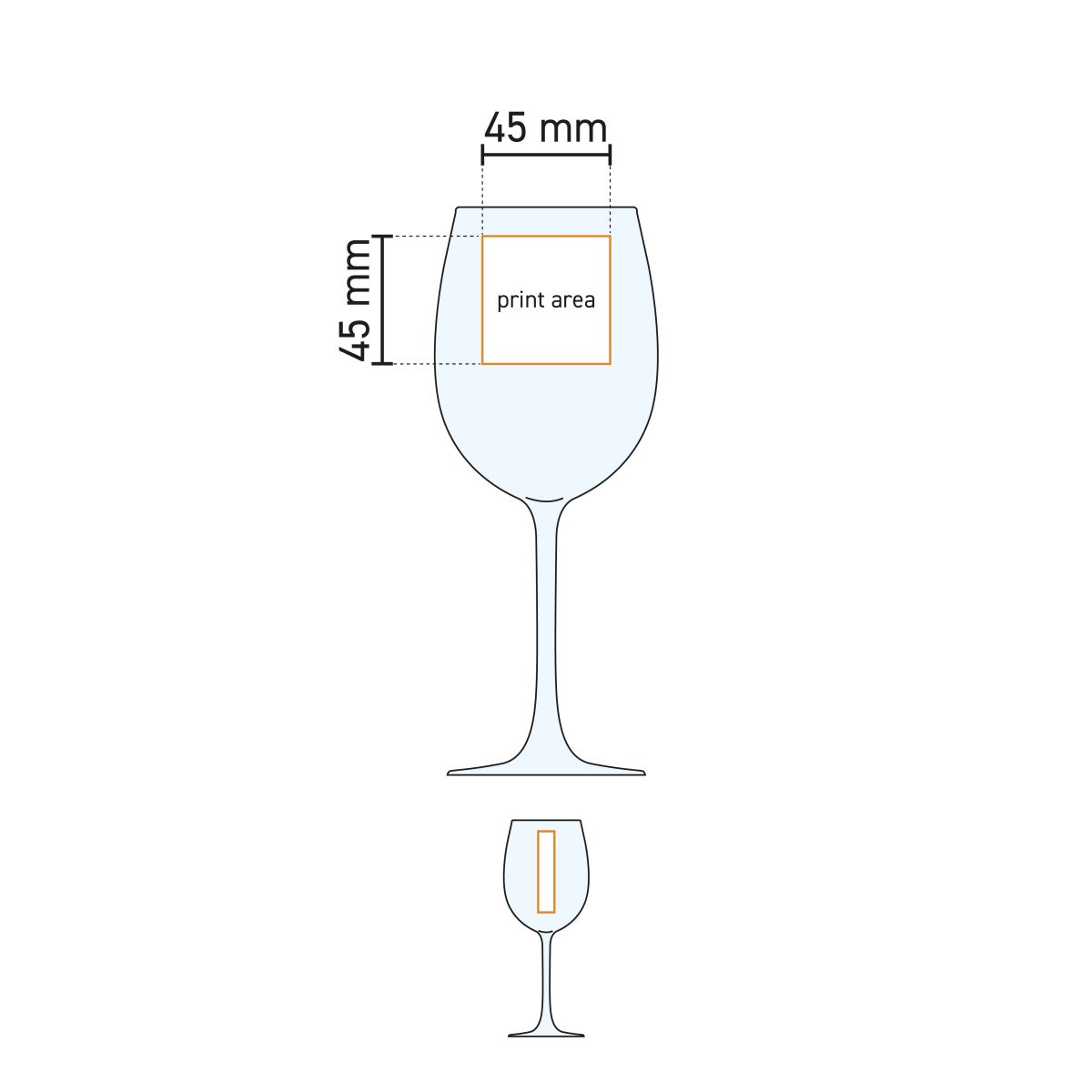Technische Arbeitszeichnung mit Druckfläche auf dem Weinglas Cosy Moments 48 cl. für die Platzierung des Logos.