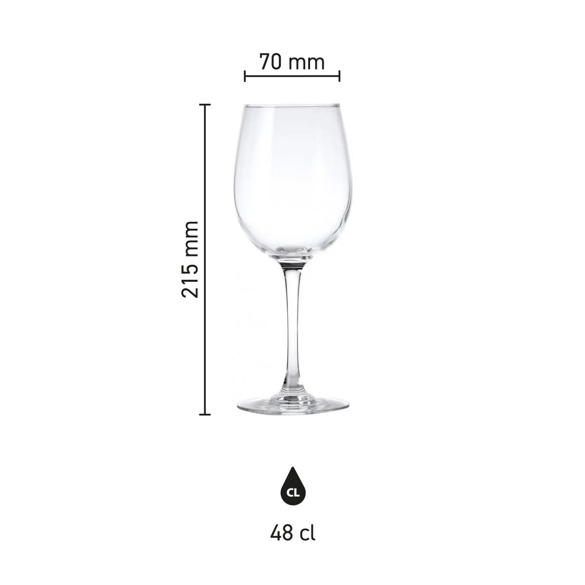 Infografik mit den Abmessungen des Weinglases Cosy Moments 48 cl. einschließlich Kelchhöhe und Inhalt.