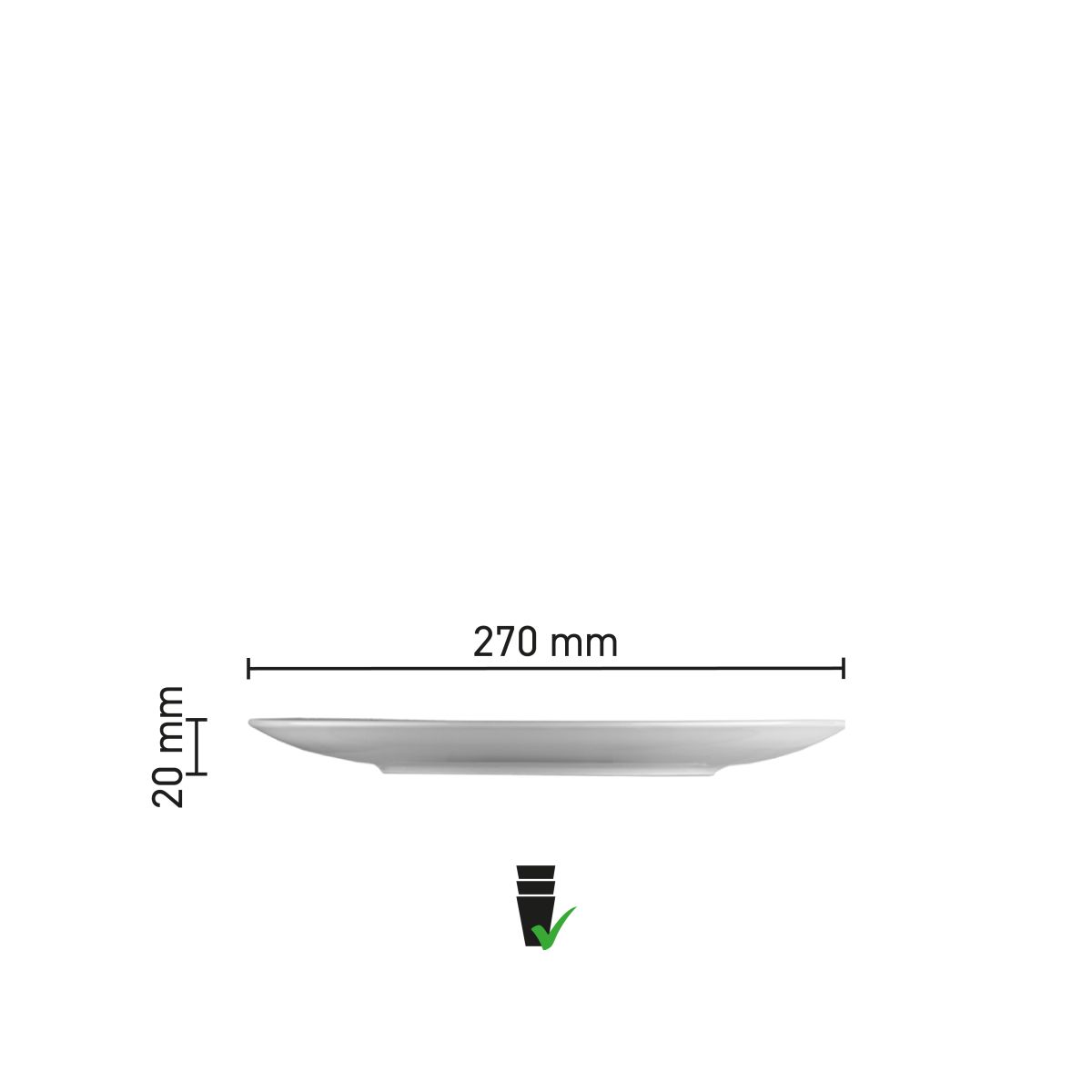Die Abbildung zeigt die Abmessungen des Porzellan-Kuppeltellers Isabelle mit einem Durchmesser von 27 cm.