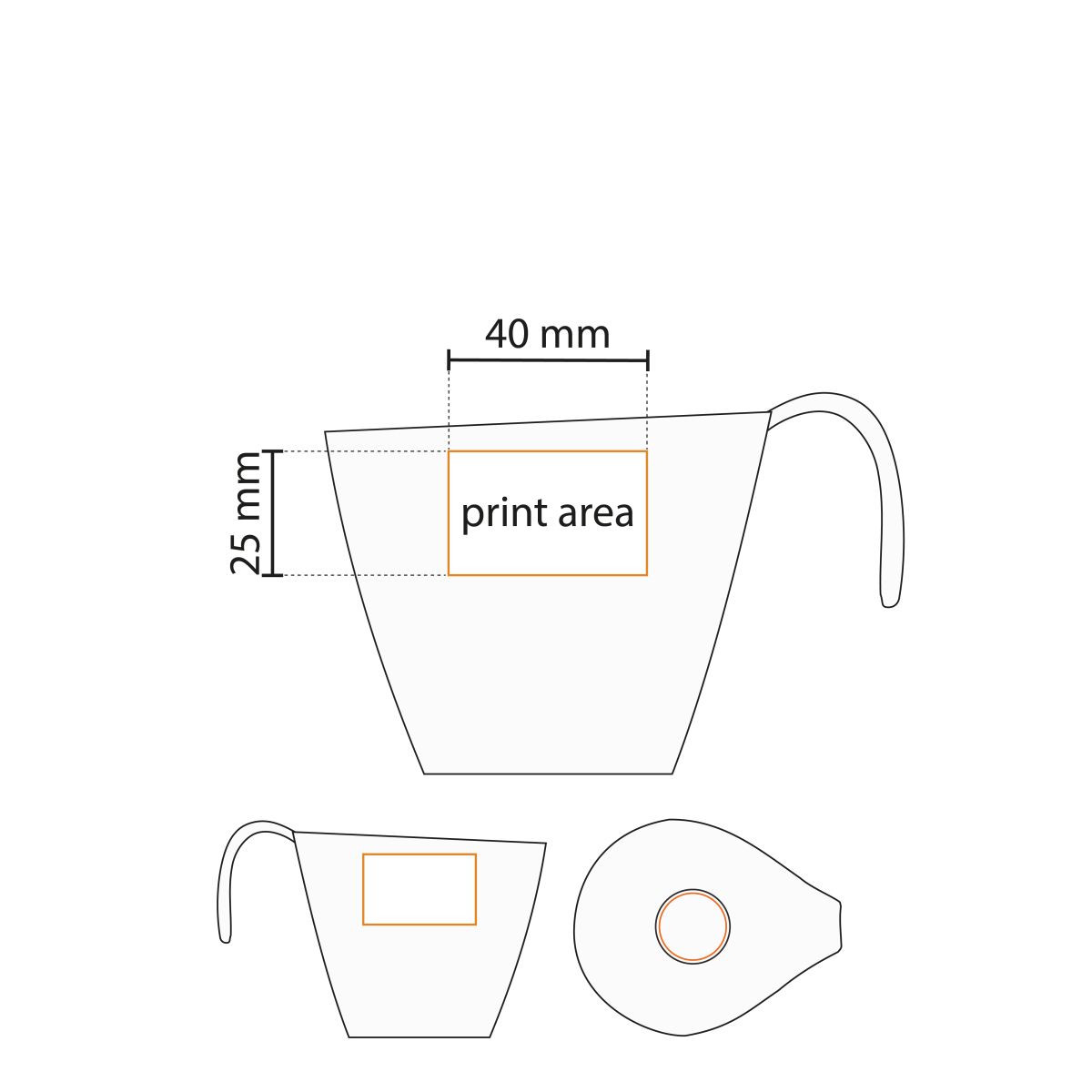 Technische Arbeitszeichnung von Dream Tasse und Untertasse 15 cl Porzellan mit Angabe der Druckfläche.