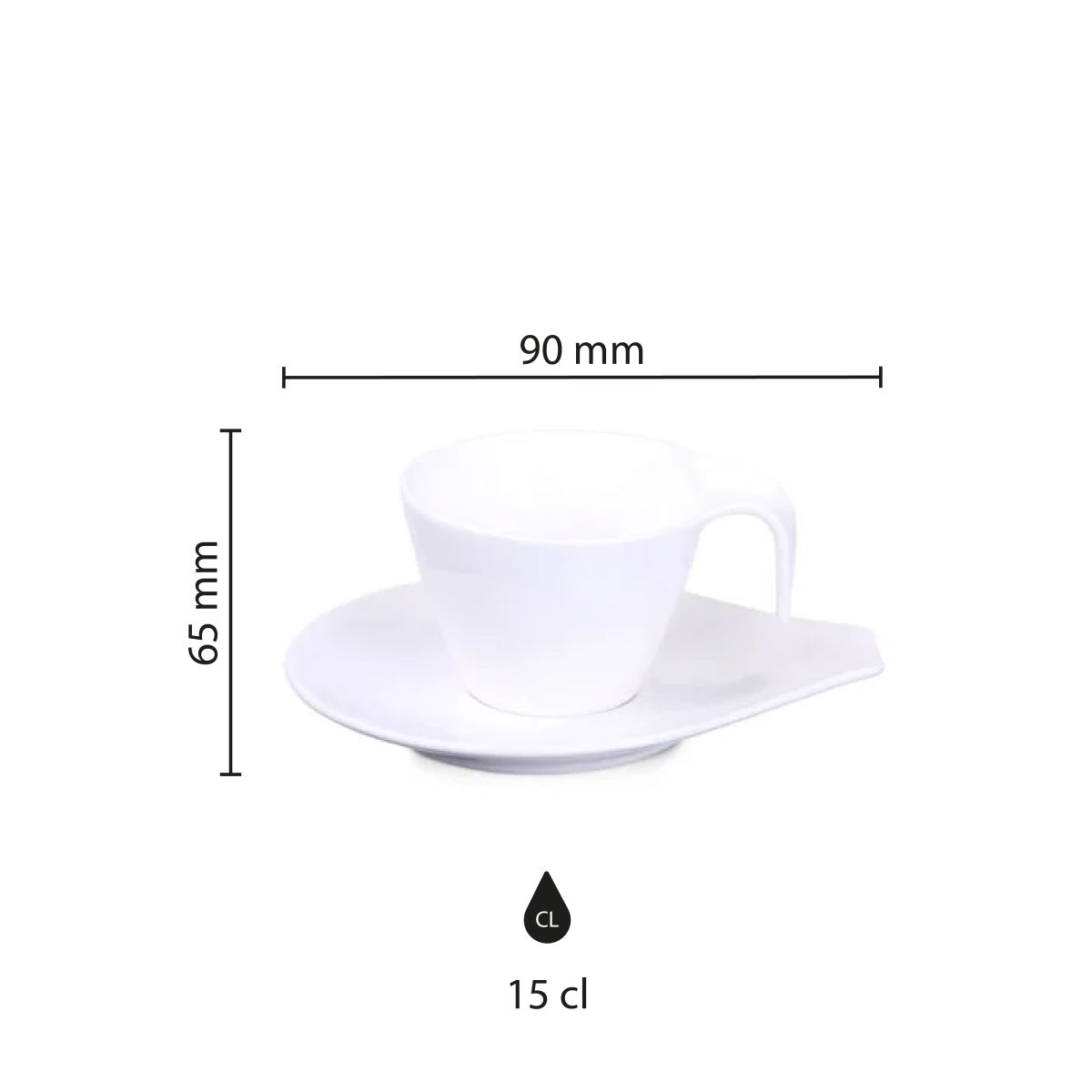 Infografik zeigt die Produktabmessungen von Dream Tasse und Untertasse 15 cl aus Porzellan, mit Durchmesser und Höhe.