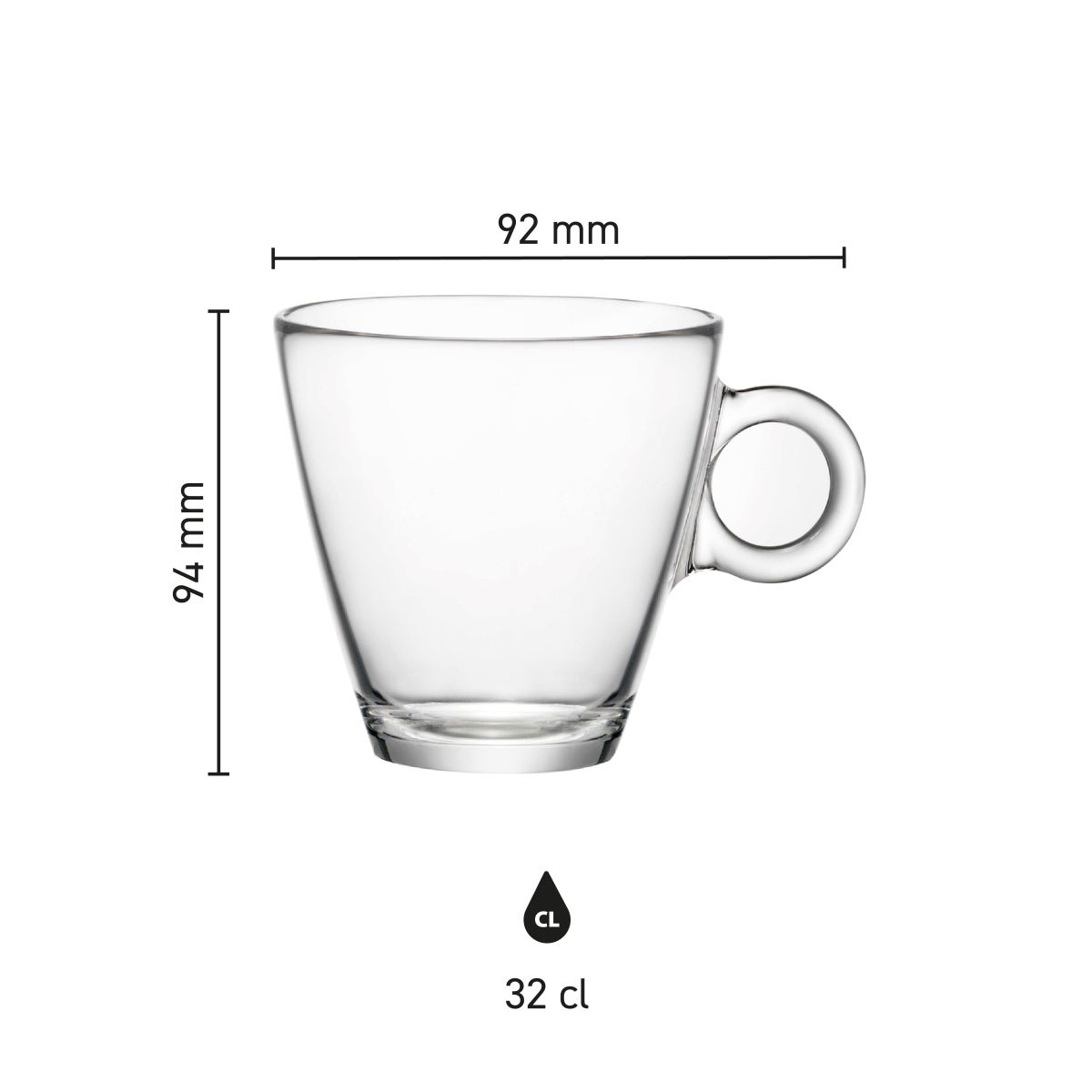 Infografik mit den Produktabmessungen von Easy Bar Tea Cup 32 cl Glas.