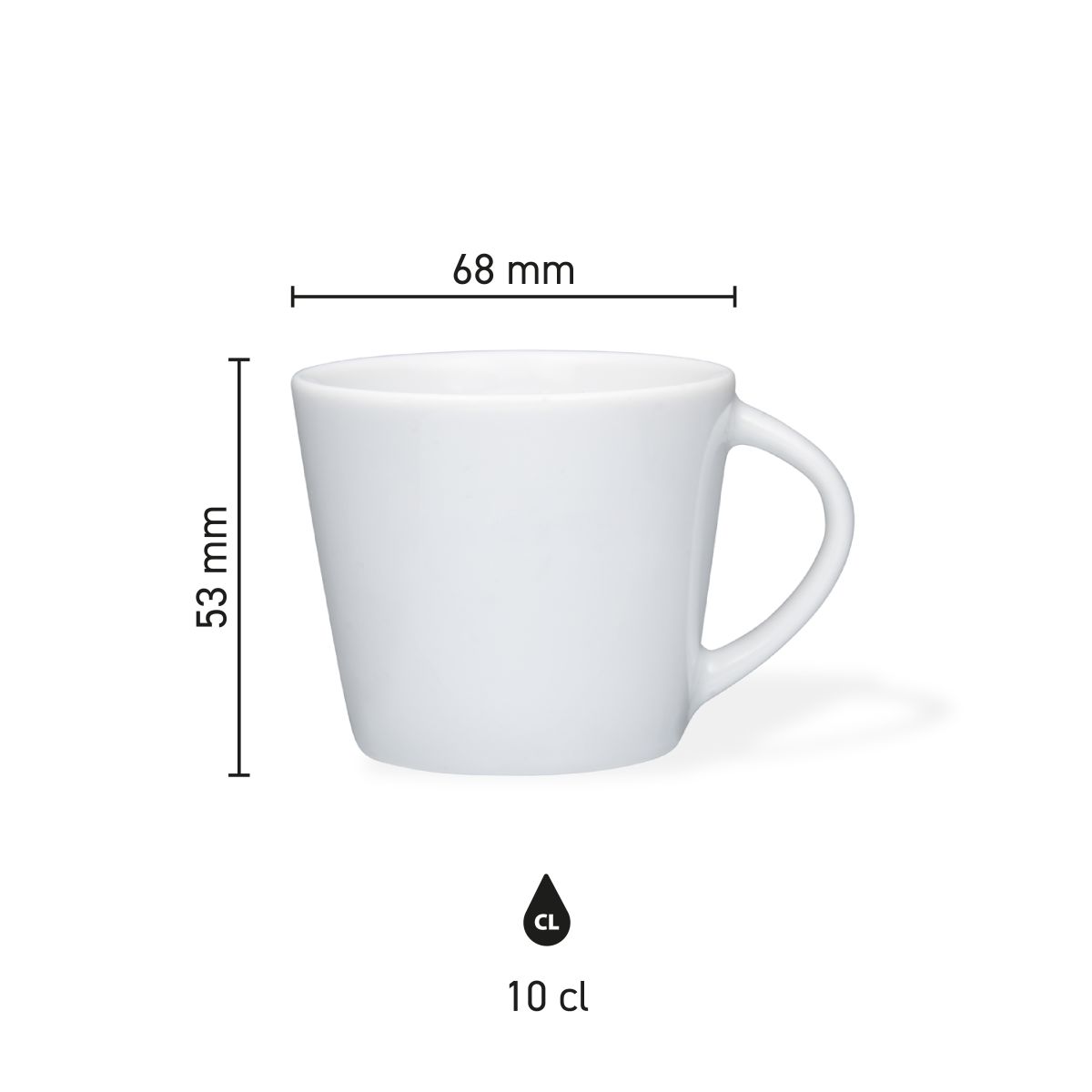 Infografik mit den Abmessungen der Eva Espresso Tasse weiß 10 cl Porzellan, übersichtlich dargestellt.