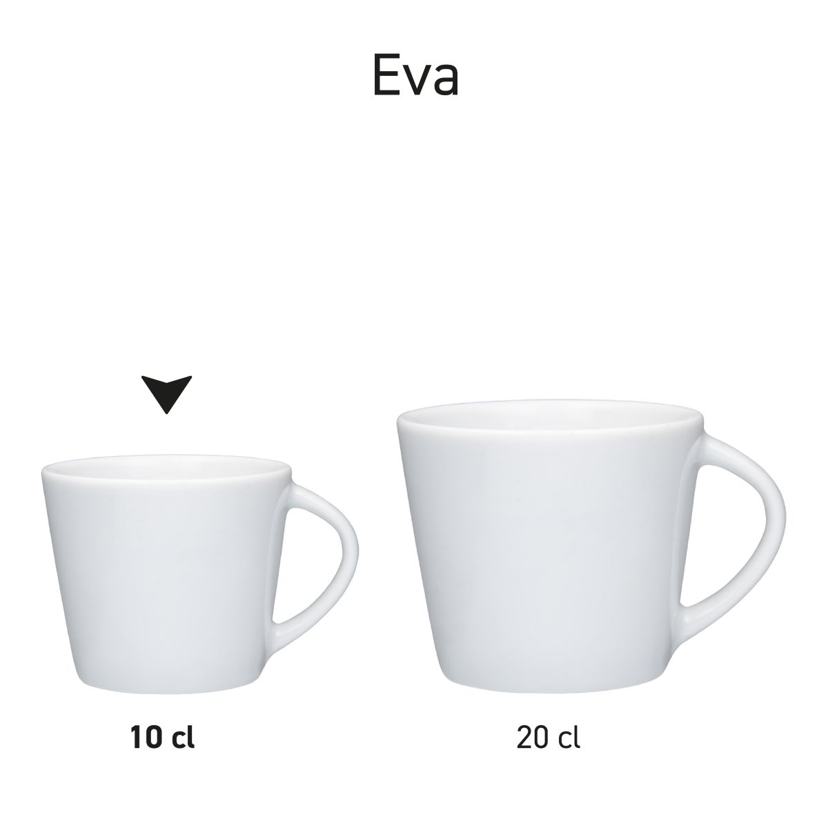 Übersicht der Eva Espressotasse weiß 10 cl. und 20 cl. präsentiert als Serie in Porzellan.