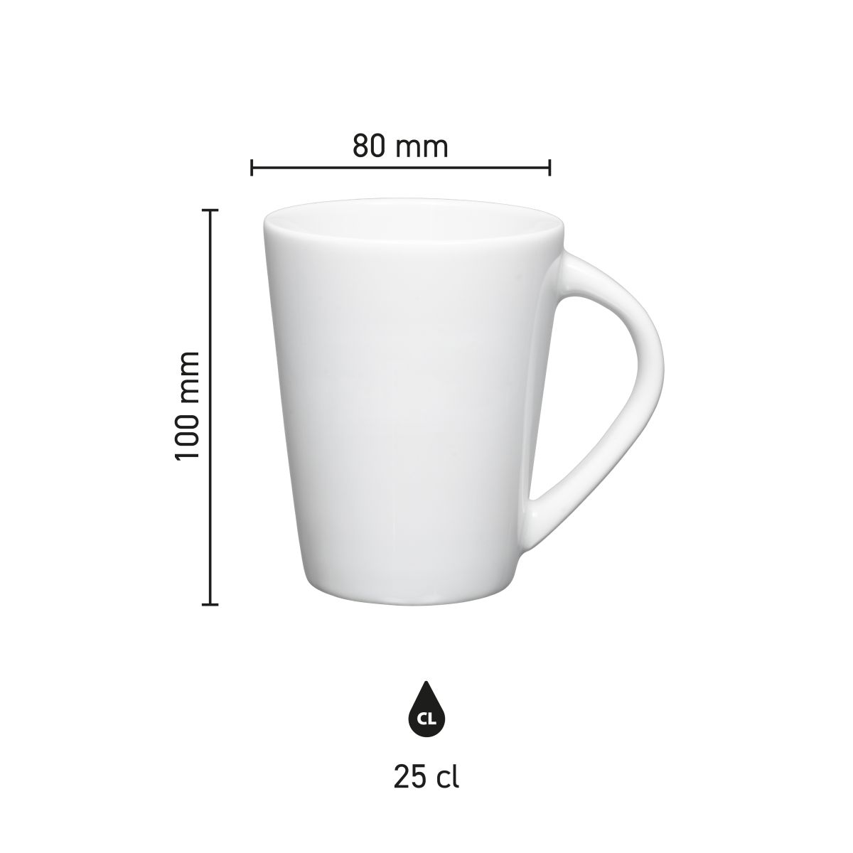 Maße des Eva-Bechers, weiß, 25 cl, aus Porzellan – Höhe, Durchmesser und Fassungsvermögen in einer Infografik