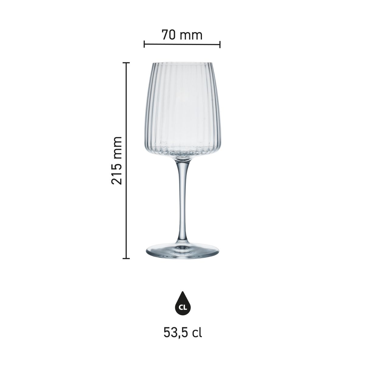 Maße des Exclusiva-Weinglases (53,5 cl): Höhe, Durchmesser und Fassungsvermögen in einer Infografik