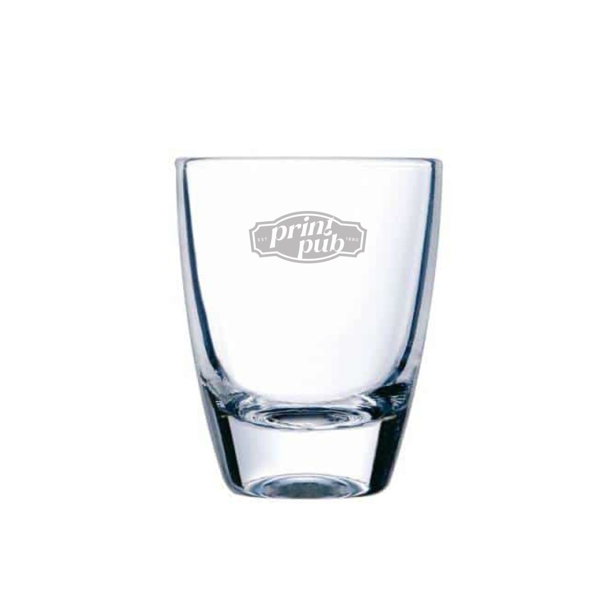 Glas-Shotglas 5 cl mit dezenter Gravur des PrintPub-Logos auf der Vorderseite des Glases.