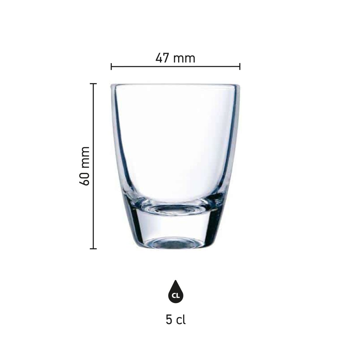 Infografik mit den Abmessungen von Gin Shot Gläsern 5 cl, einschließlich Höhe und Durchmesser.