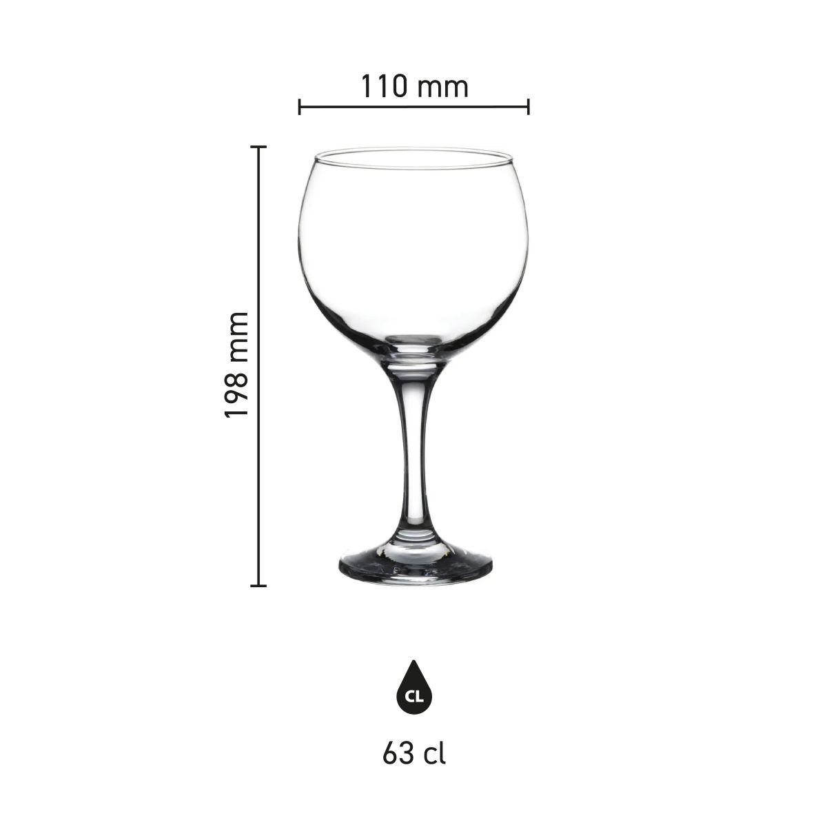 Infografik mit den Produktabmessungen von Gin Tonic Glas Bistro Cubata 63 cl.