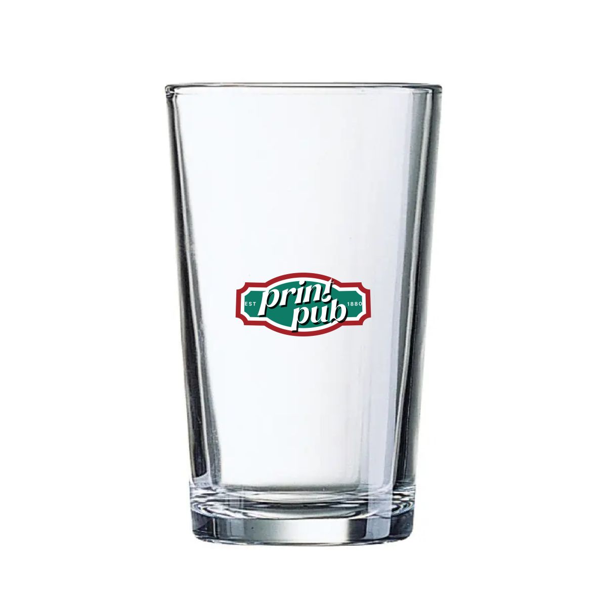 Glas Conique 28 cl. bedruckt mit mehrfarbigem PrintPub-Logo auf der Vorderseite des Glases.