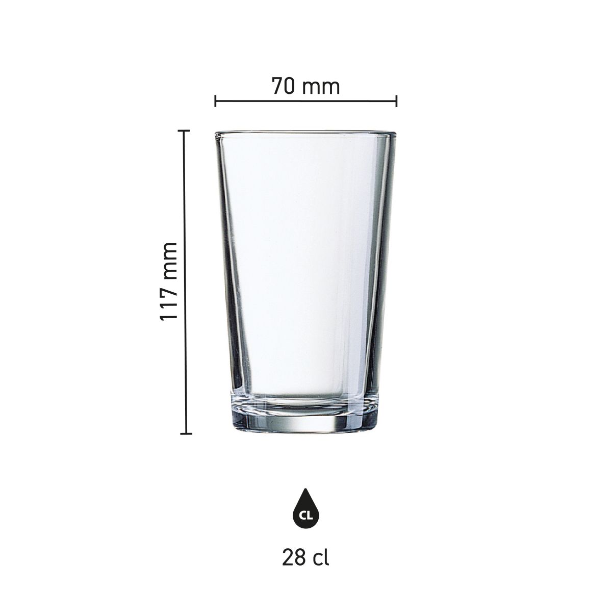 Infografik mit den Produktabmessungen von Glass Conique 28 cl. Zeigt Höhe, Durchmesser und Fassungsvermögen.