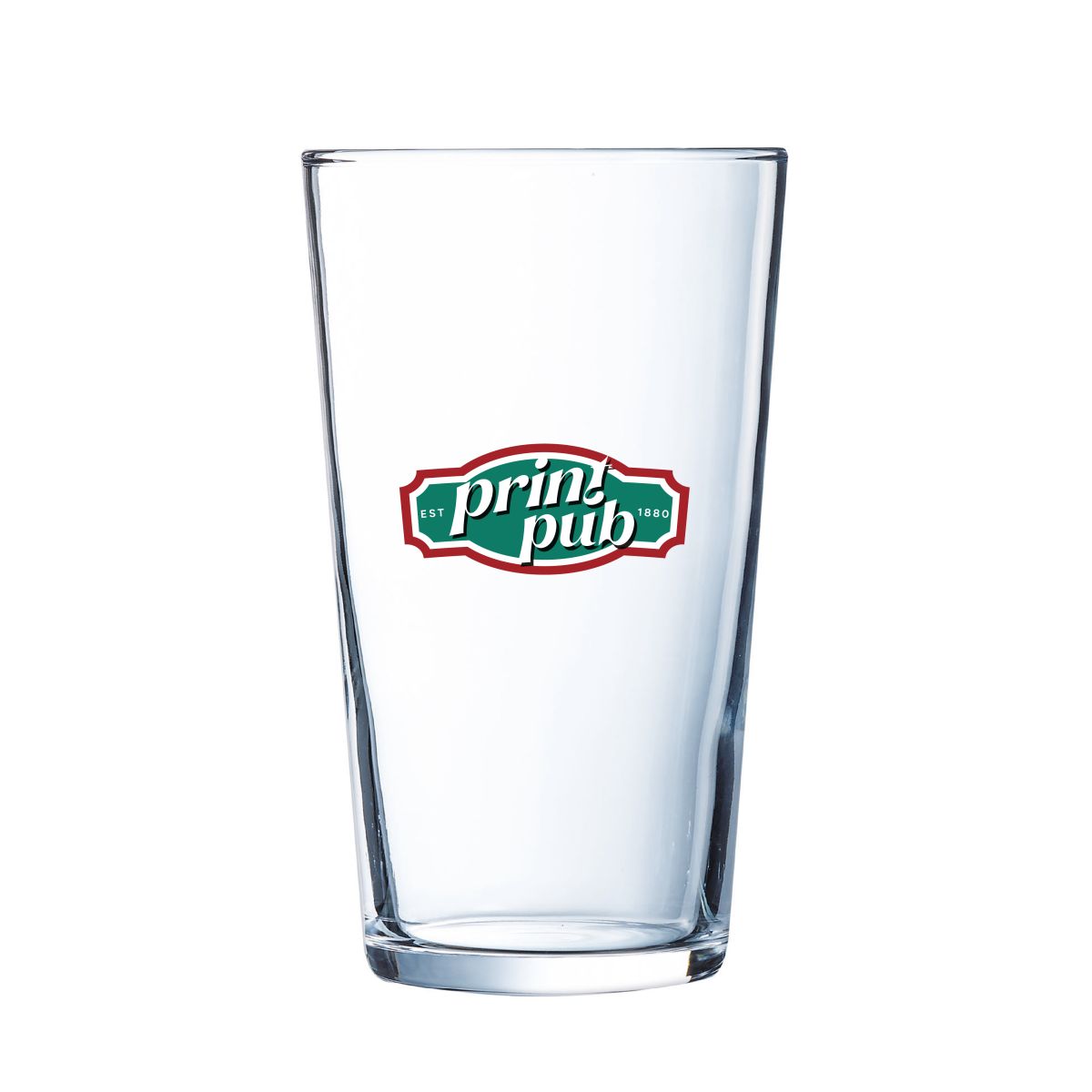 Glas Conique 47 cl. mit farbigem Logo auf der Vorderseite, bedruckt mit PrintPub-Logo in mehreren Farben.