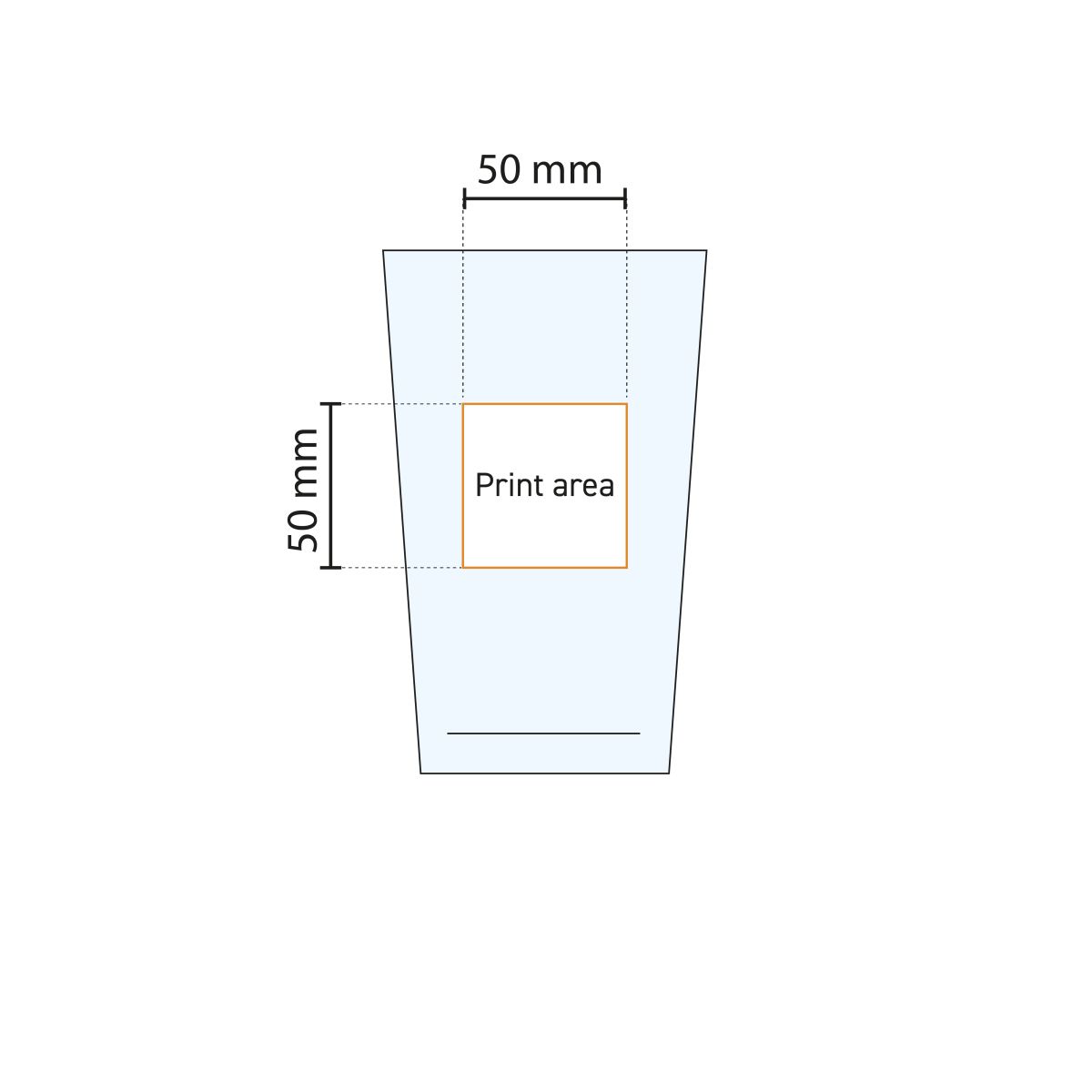 Technische Arbeitszeichnung von Glass Conique 64 cl. mit Angabe der Druckfläche auf Glas.