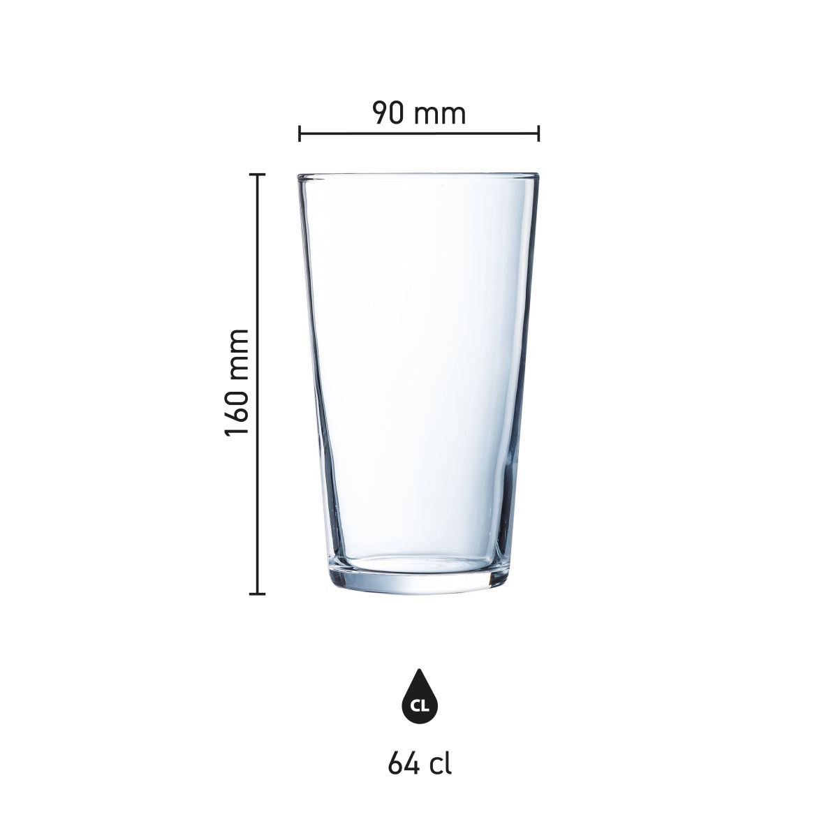 Zusammenfassung der Produktabmessungen von Glass Conique 64 cl, einschließlich Höhe und Durchmesser.