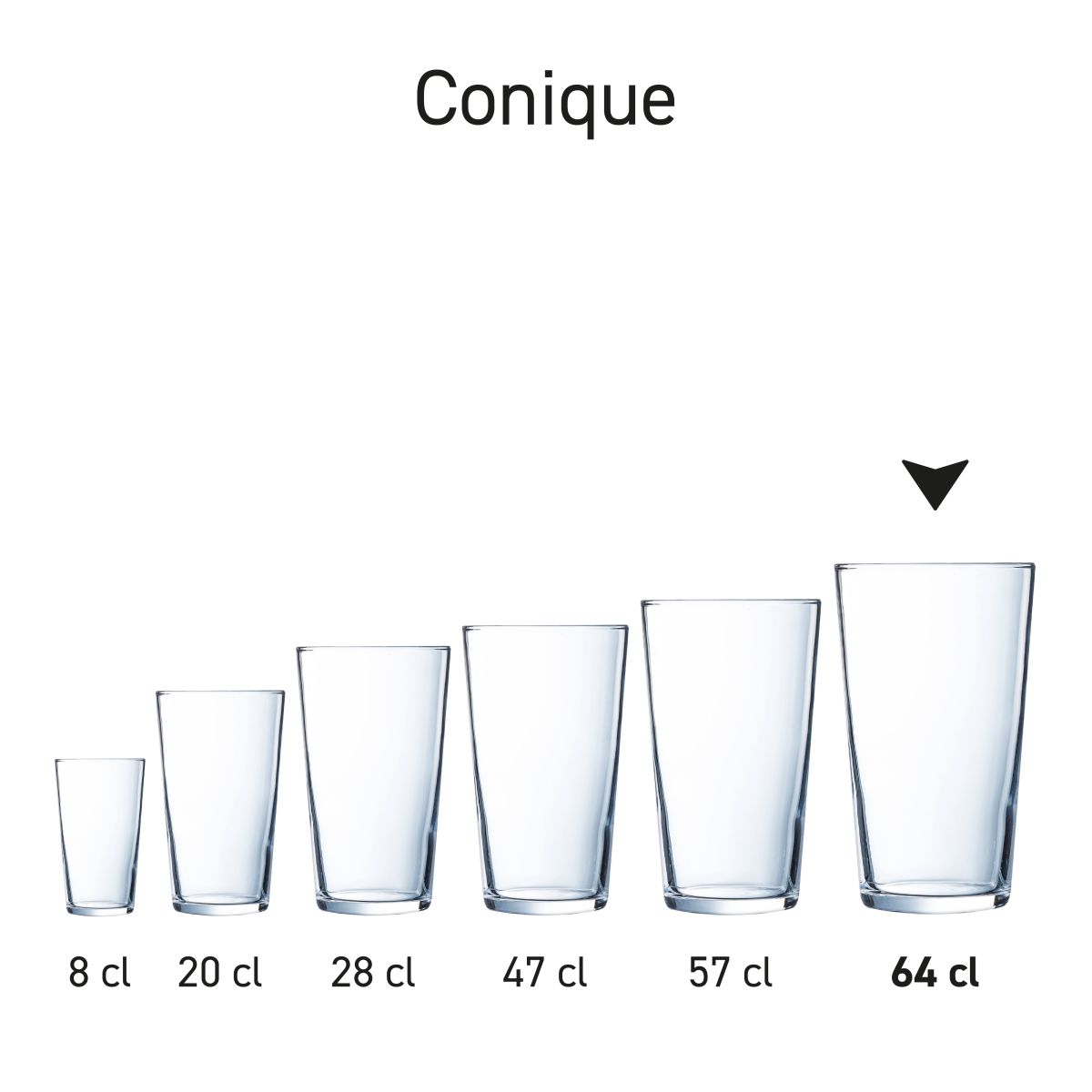 Set aus mehreren Conique-Gläsern in Reihenanordnung, identisches Design und Material.