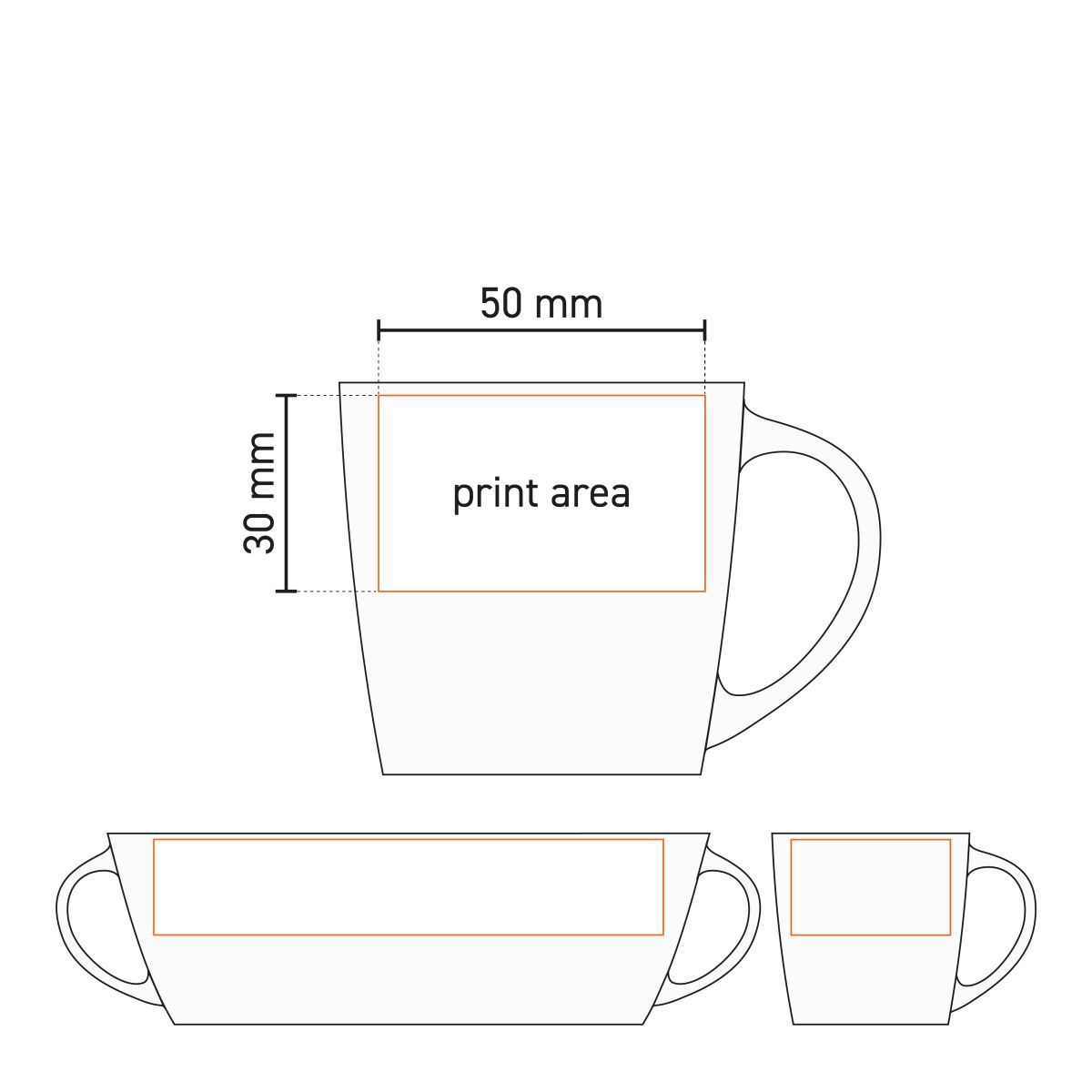 Technische Arbeitszeichnung der Handy-Espressotasse aus Keramik mit Angabe der Druckfläche.