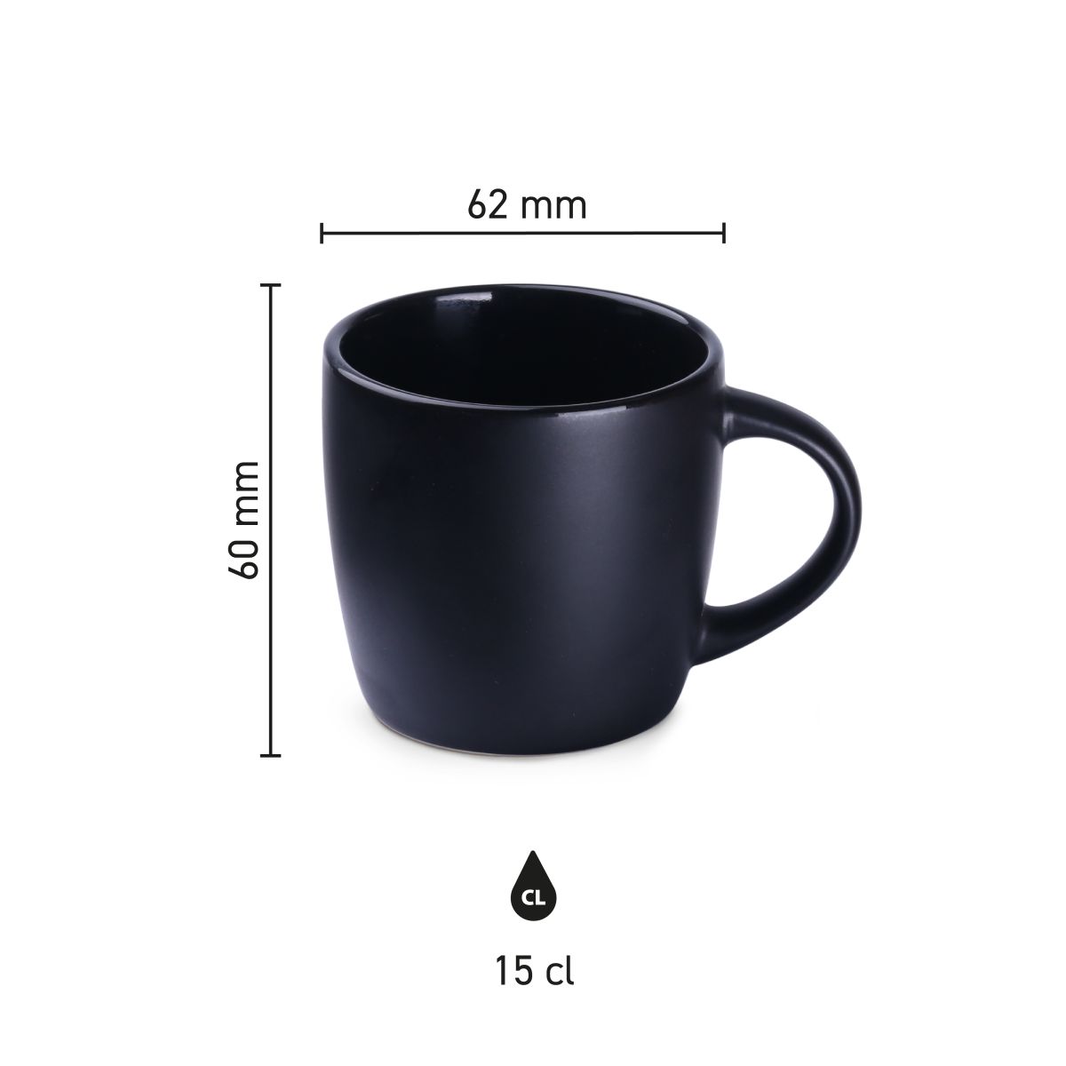 Die Infografik zeigt die Abmessungen der Handy Espresso Cup 10 cl Keramik einschließlich Höhe und Durchmesser.