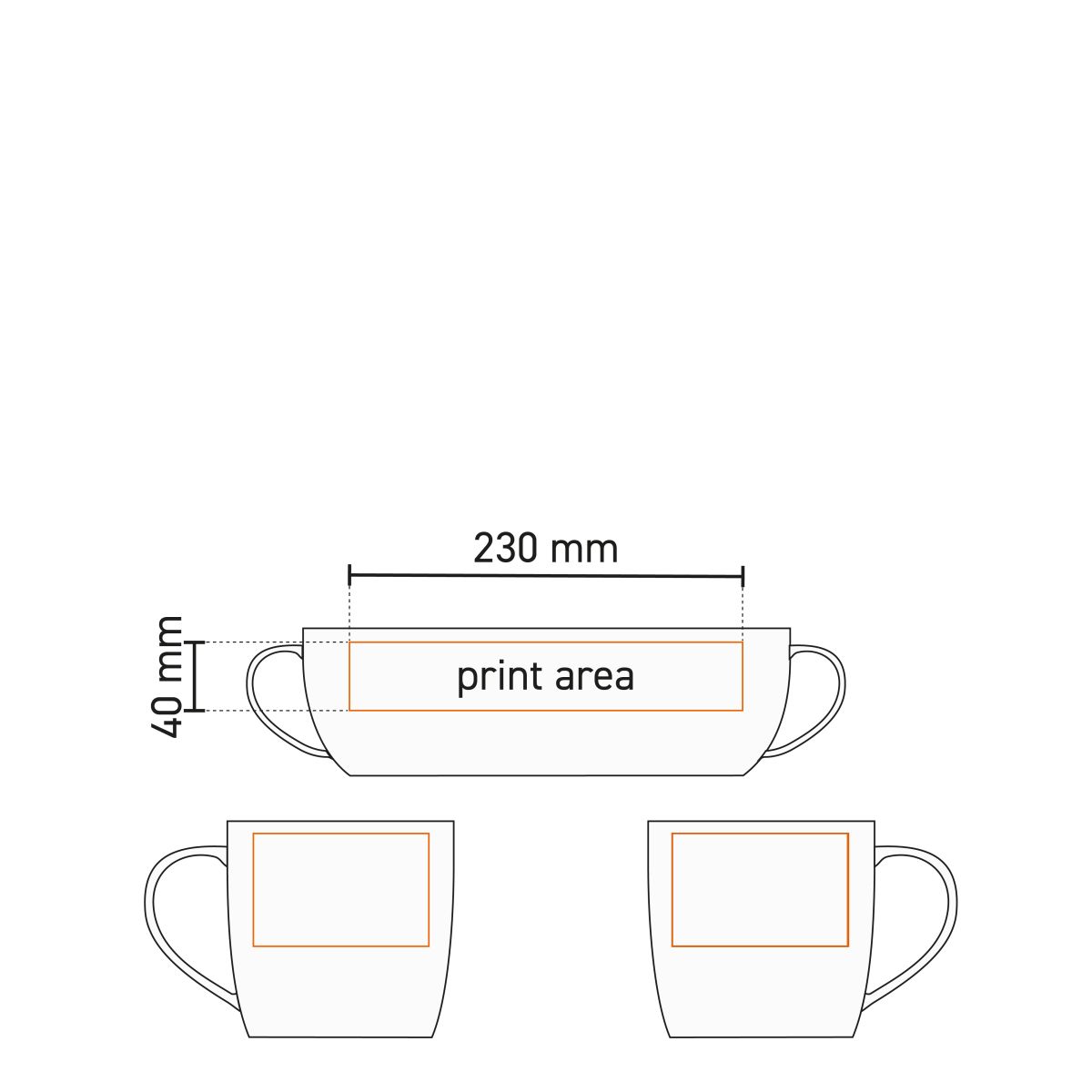 Technische Zeichnung der Handy Tasse Weiß 30 cl. Porzellan mit markiertem Druckbereich.