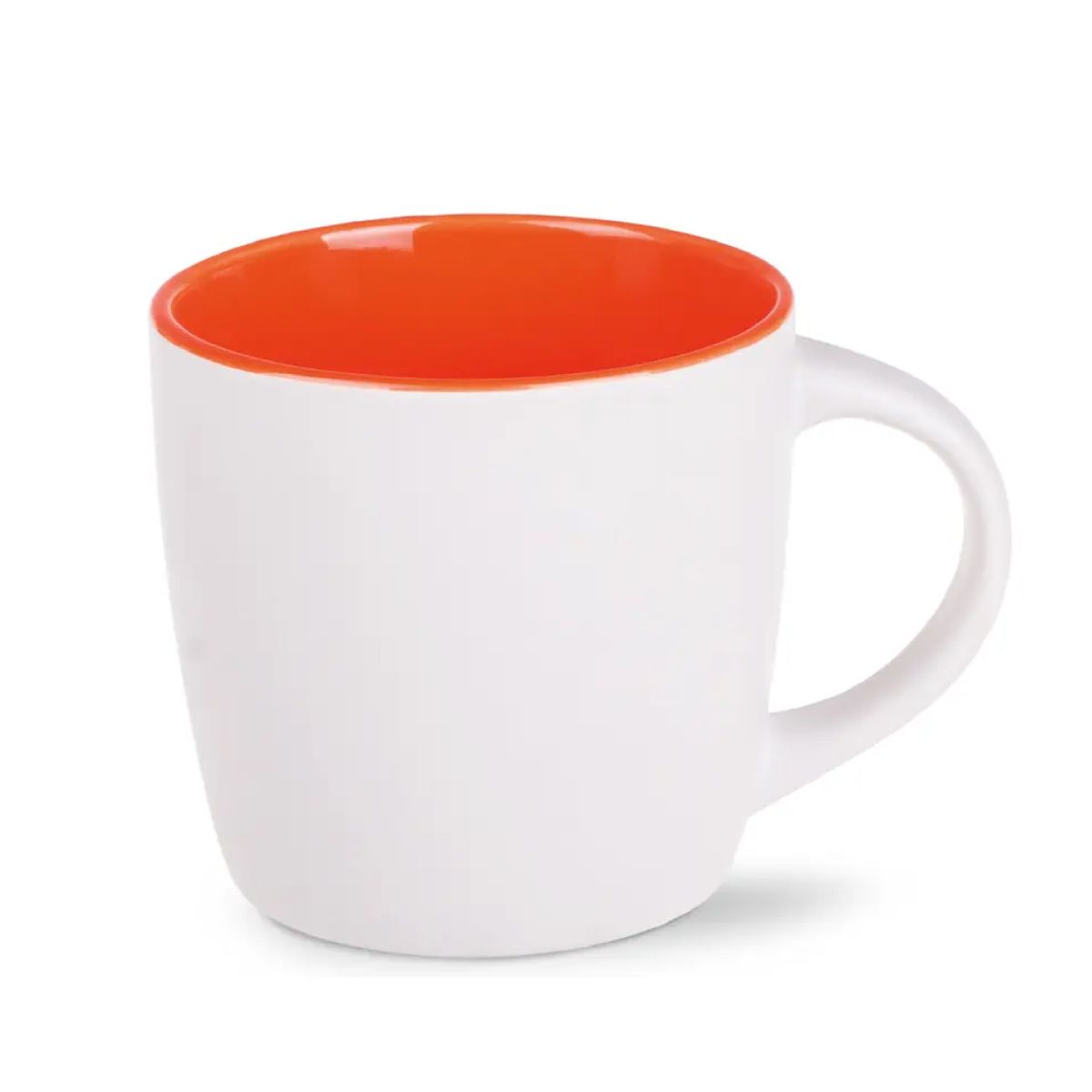Vorderansicht der Handy Tasse 30 cl. Weiß-orangefarbenes Porzellan mit geraden Seiten und glatter, glänzender Oberfläche.