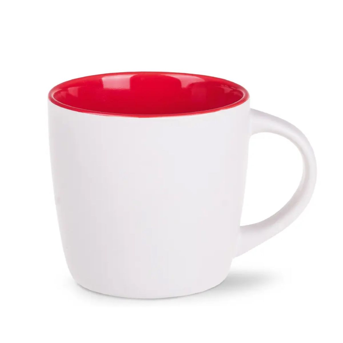 Vorderansicht der Handy Tasse 30 cl. Weiß-rotes Porzellan mit geraden Seiten und glatter, glänzender Oberfläche.