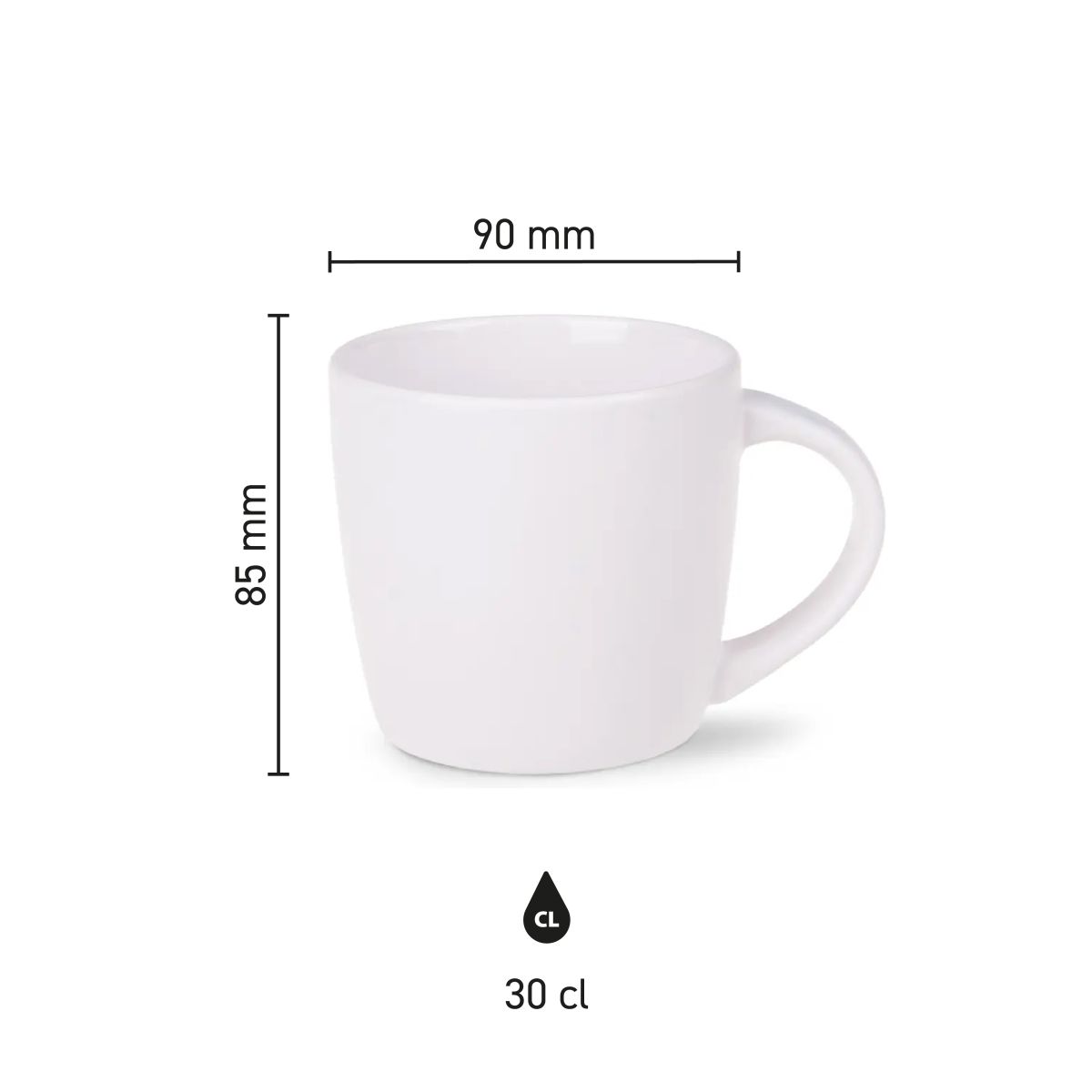 Infografik mit den Abmessungen der Handy Tasse White 30 cl Porzellan, einschließlich der Angaben zu Höhe und Durchmesser.