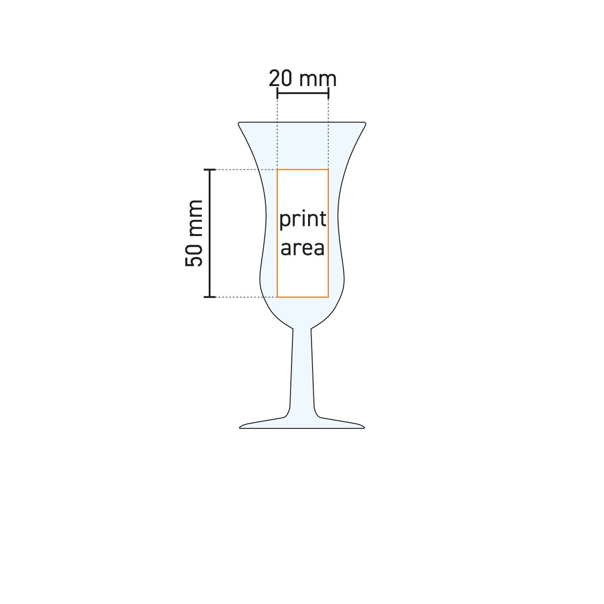 Technische Arbeitszeichnung des Intermezzo Schnapsglases 5 cl. mit langem Stiel und markierter Druckfläche.