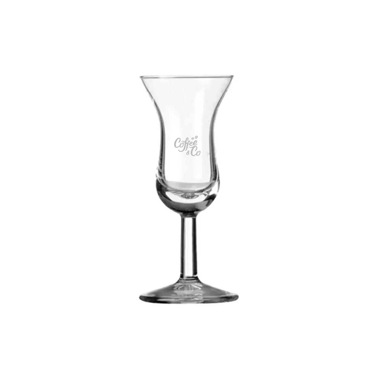 Intermezzo Schnapsglas 5 cl. mit langem Stiel und eingraviertem CoffeeCo Logo in der Vorderansicht.