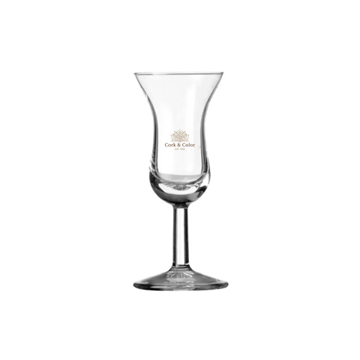 Intermezzo Schnapsglas 5 cl. aus Glas mit langem Stiel, mit mehrfarbigem CorkColor-Logo auf der Vorderseite.