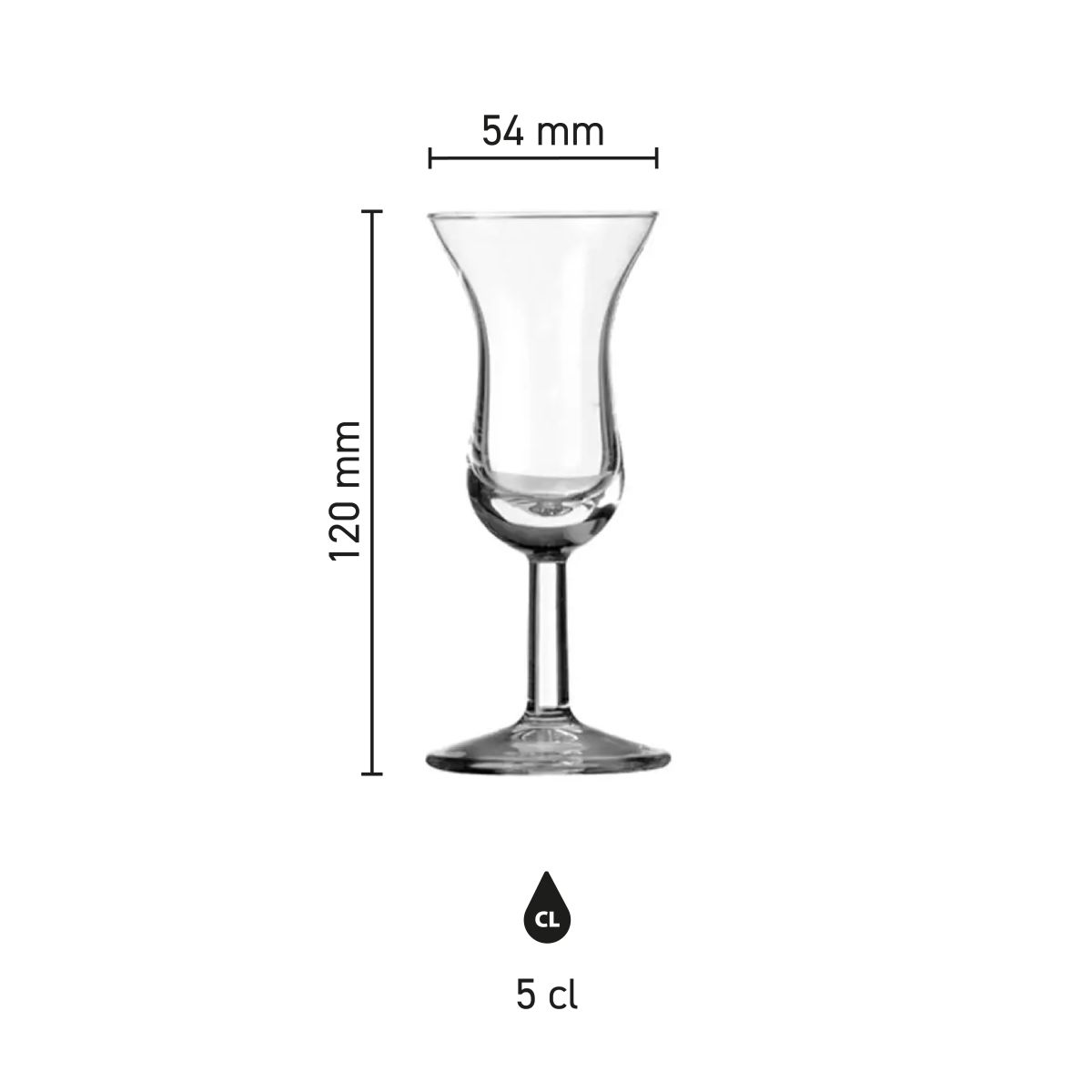 Infografik mit Größen und Proportionen des Intermezzo Schnapsglases 5 cl mit langem Stiel.