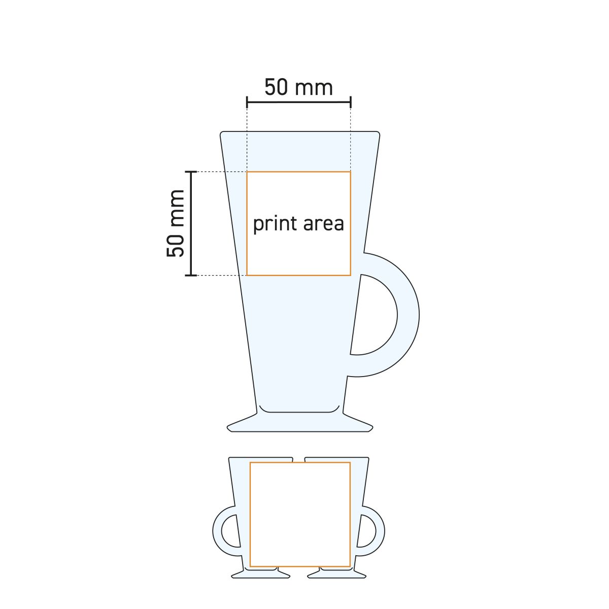 Technische Arbeitszeichnung des Irisch Coffee Acapulco 28 cl Glases mit Druckflächenanzeige