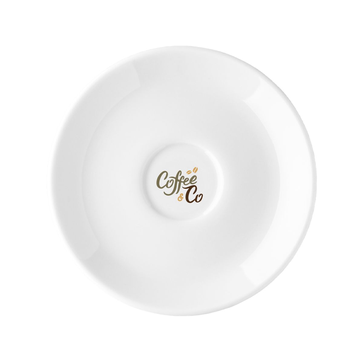 Isabelle Cappuccino Untertasse 16 cm aus Porzellan mit mehrfarbigem CoffeeCo-Logo auf der Untertasse