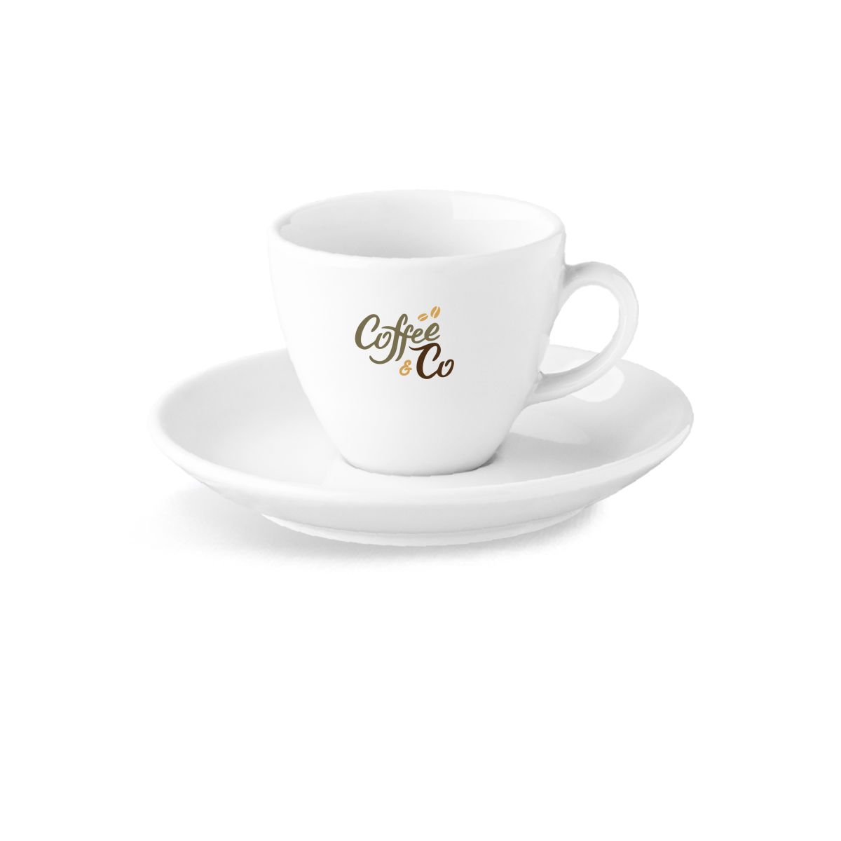 Isabelle Espresso 8 cl. Porzellanset mit mehrfarbigem CoffeeCo-Logo auf der Espressotasse