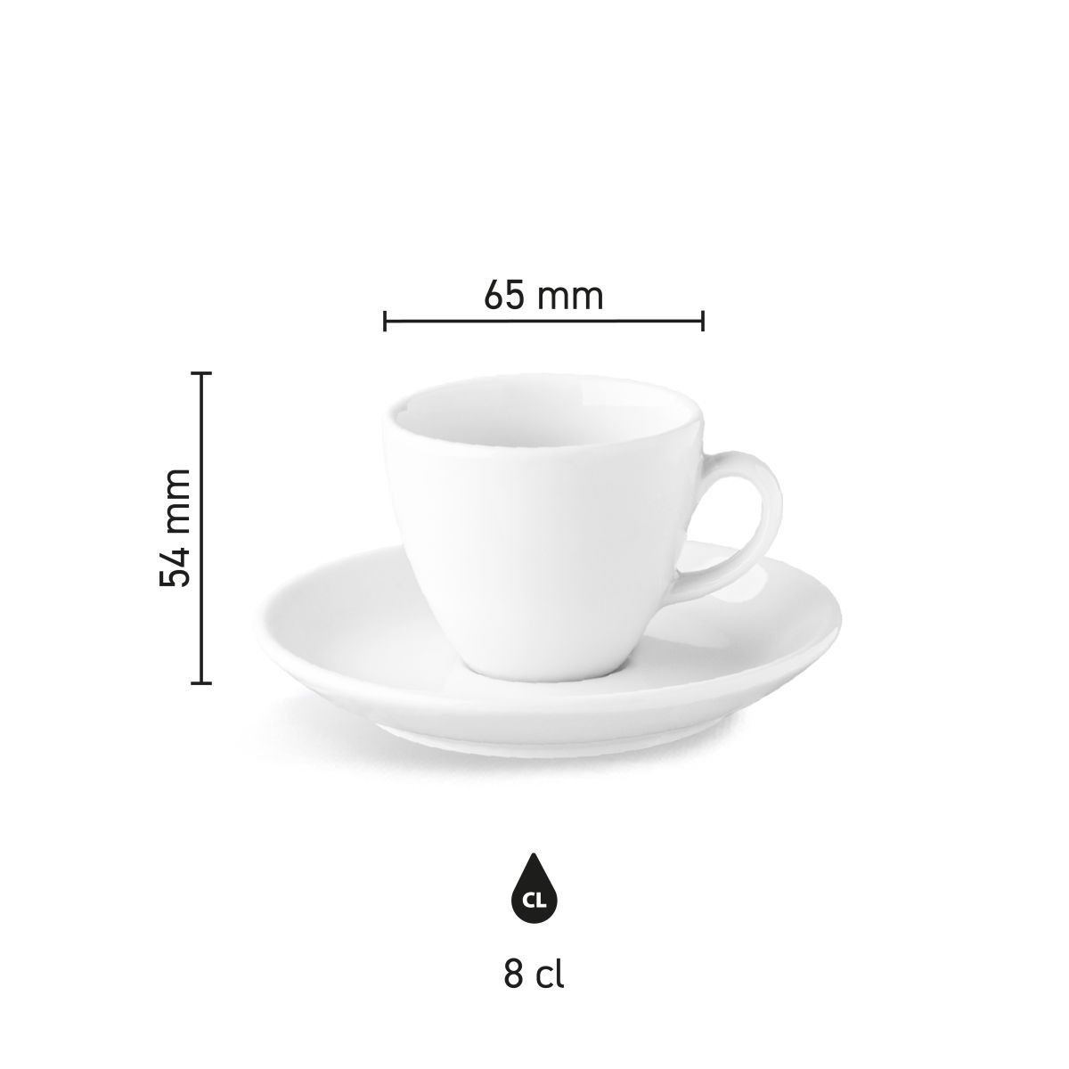 Isabelle Espresso 8 cl Porzellanset mit gefüllter Espressotasse auf Untertasse, weißer Hintergrund