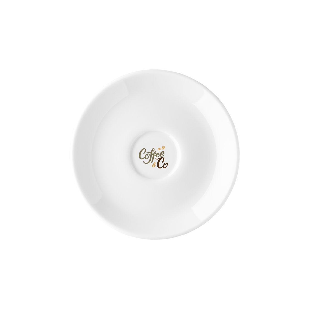 Isabelle Espresso-Untertasse 11 cm aus Porzellan mit mehrfarbigem CoffeeCo-Logo auf der Untertasse