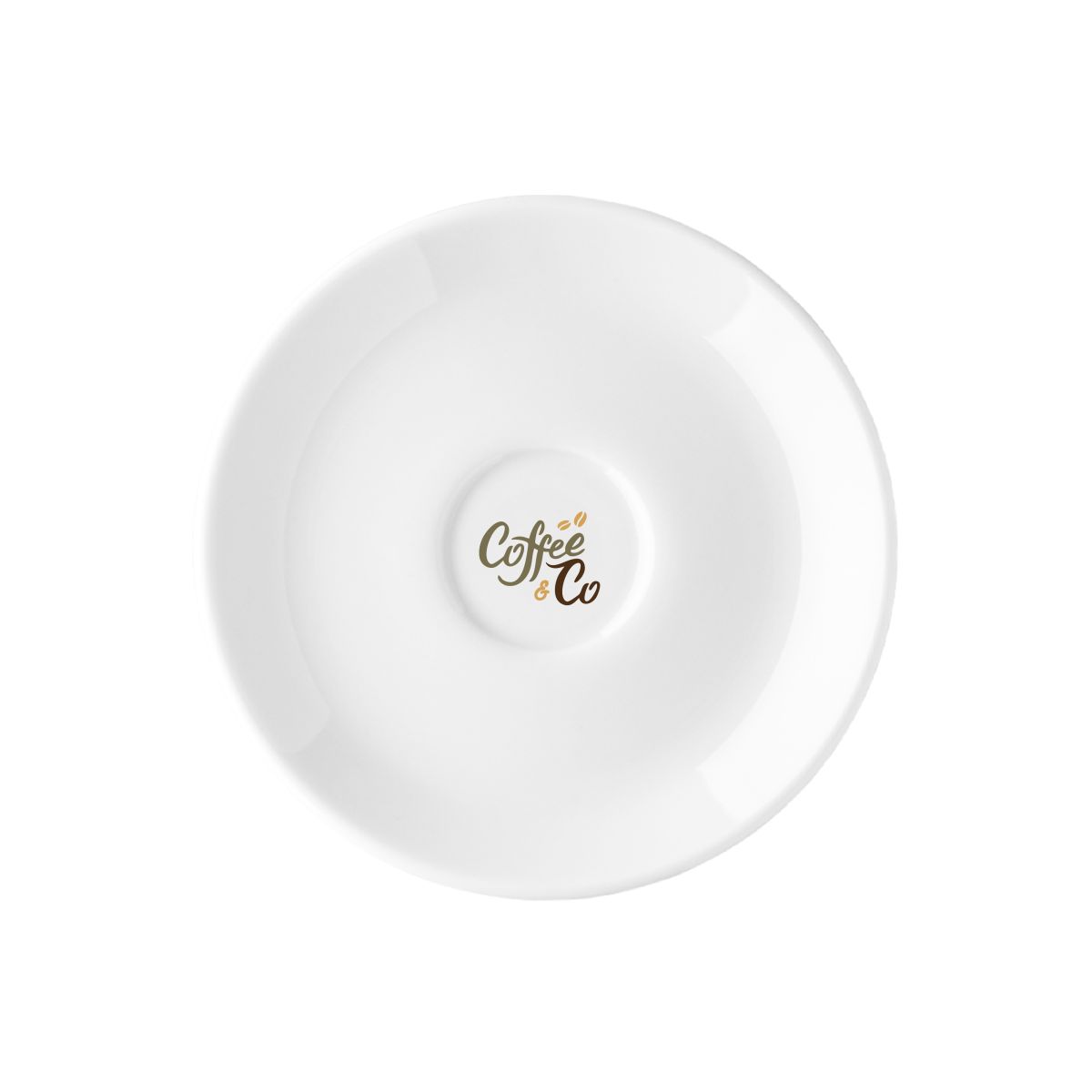 Isabelle Kaffeeteller 14 cm aus Porzellan mit mehrfarbigem CoffeeCo-Logo auf dem Teller