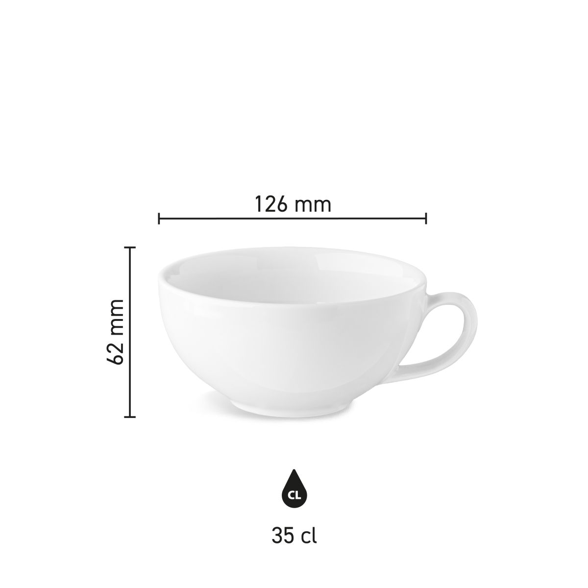 Maße der Isabelle-Caffè-Crème-Tasse (35 cl) aus Porzellan mit Höhe, Durchmesser und Fassungsvermögen in einer Infografik