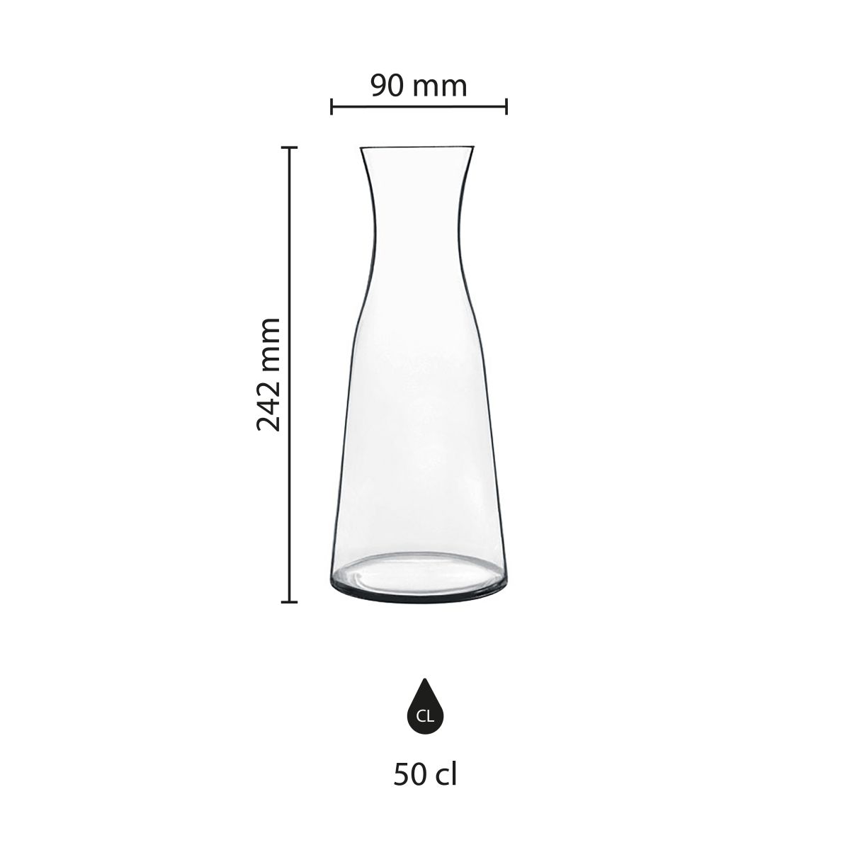 Technische Arbeitszeichnung der Glaskaraffe 0,5 Liter mit Angabe der Druckfläche auf der Oberfläche.