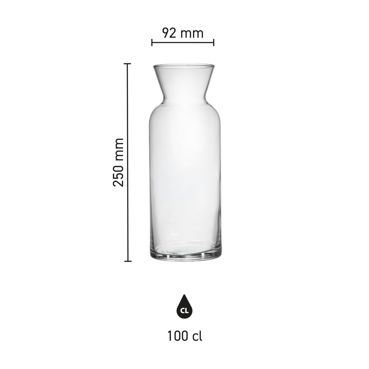 Die Infografik zeigt Höhe, Durchmesser und Fassungsvermögen der karaffe Village 1,00 Liter.