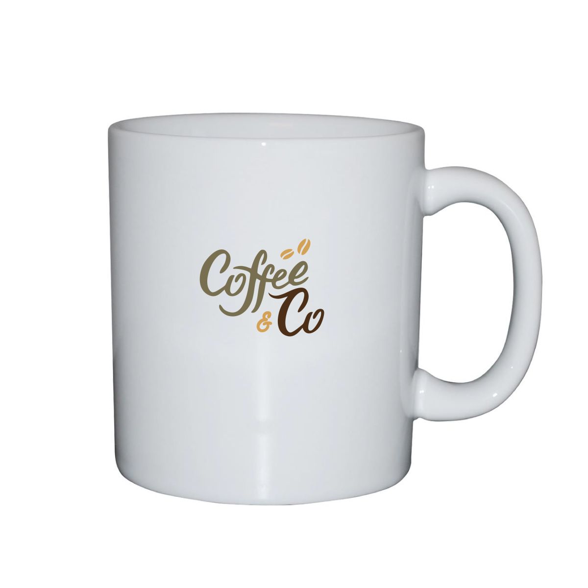Kitty Becher 30 cl aus Porzellan mit mehrfarbigem CoffeeCo Logo auf der Vorderseite, geeignet für Tampondruck.