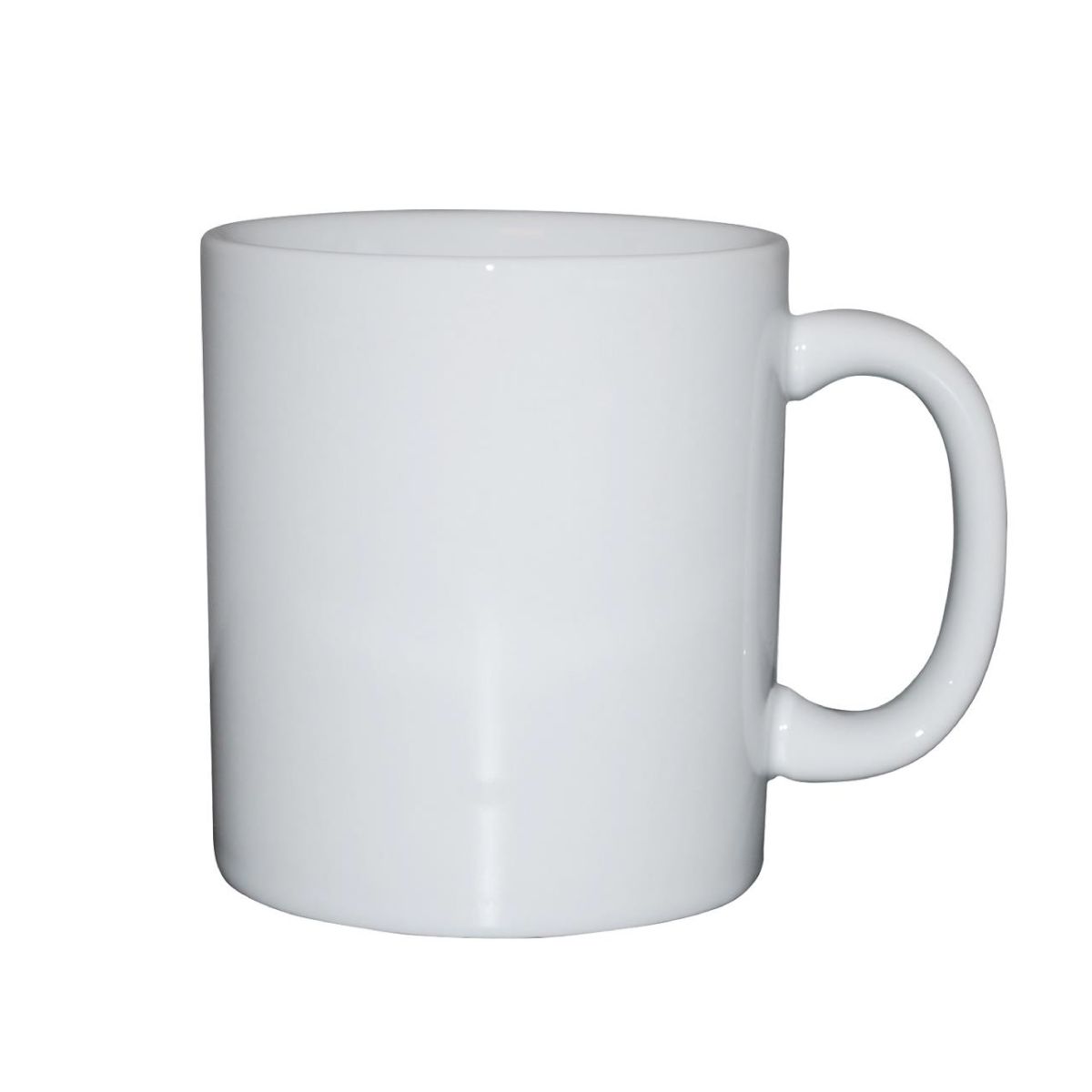 Vorderansicht des weißen Bechers Kitty 30 cl aus Porzellan, mit Blick auf die glatte zylindrische Form und das breite Ohr.