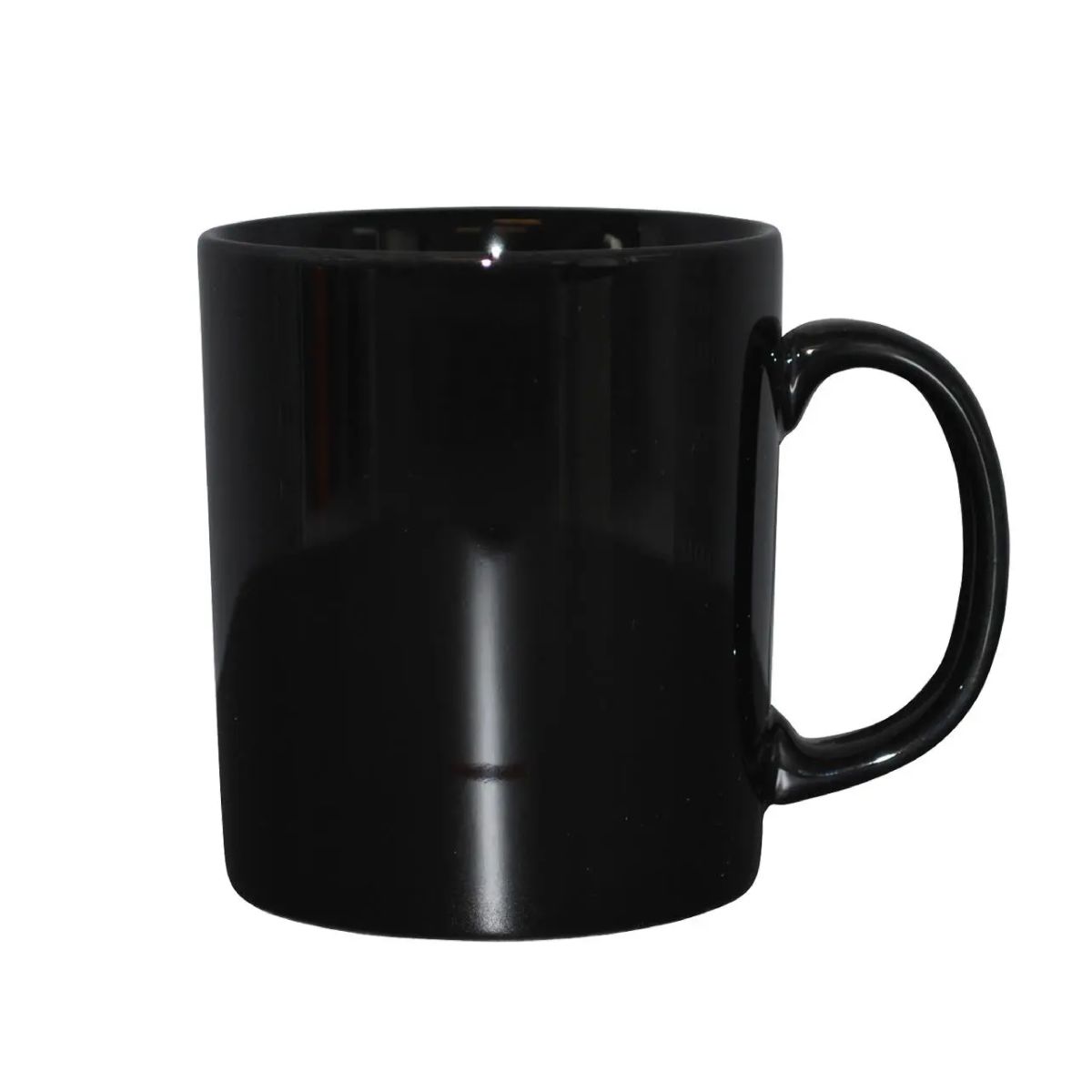 Vorderansicht des blackKitty Bechers 30 cl aus Porzellan, mit Blick auf die glatte zylindrische Form und das breite Ohr.