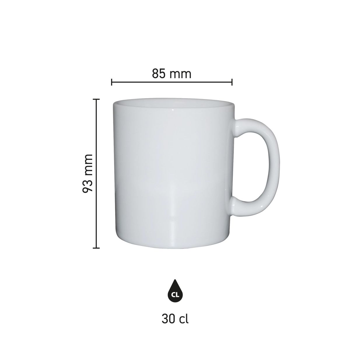 Die Infografik zeigt die Abmessungen des Bechers Kitty 30 cl aus Porzellan, mit Angaben in, Infografik mit Abmessungen