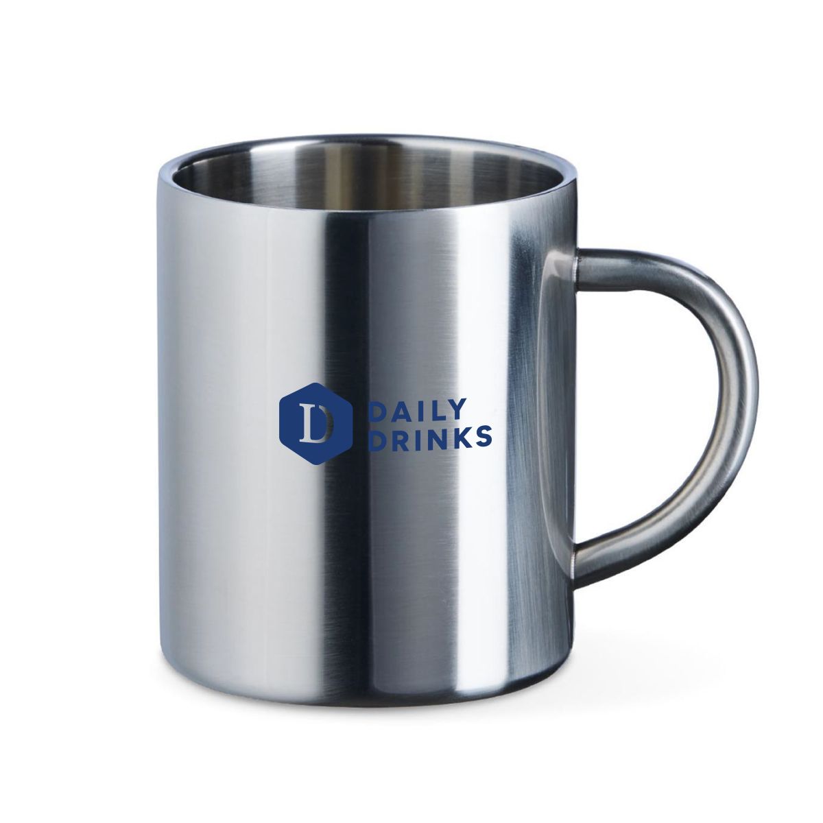 Einfarbiges DailyDrinks-Logo auf der Vorderseite des Kitty-Edelstahlbechers mit metallischem Hintergrund.