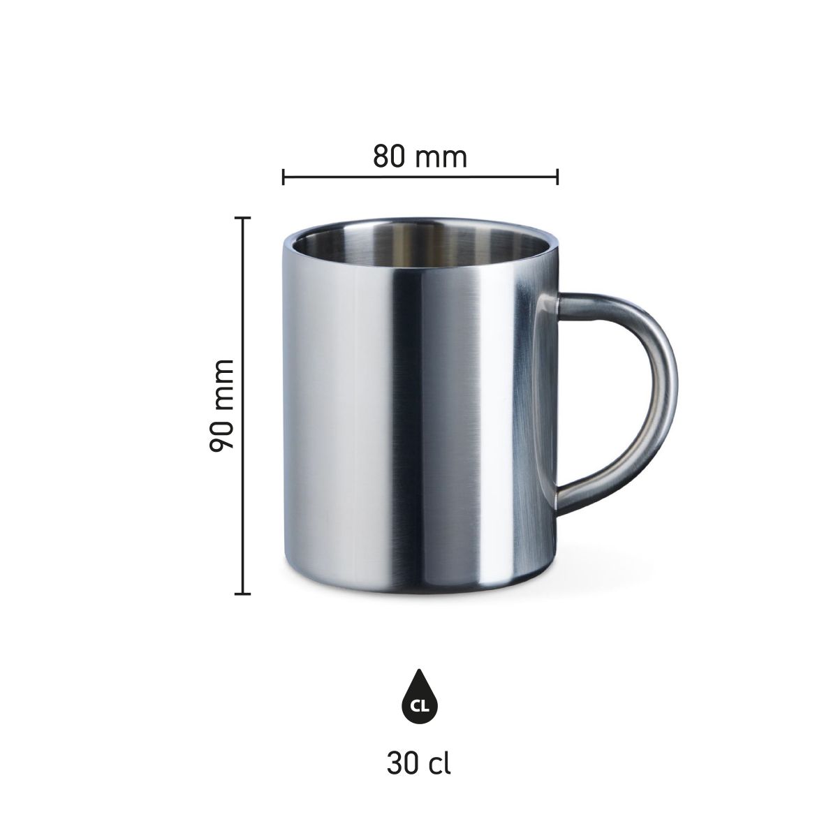 Infografik von Kitty Edelstahlbecher 30 cl mit Angabe von Höhe, Durchmesser und Inhalt im Bild.