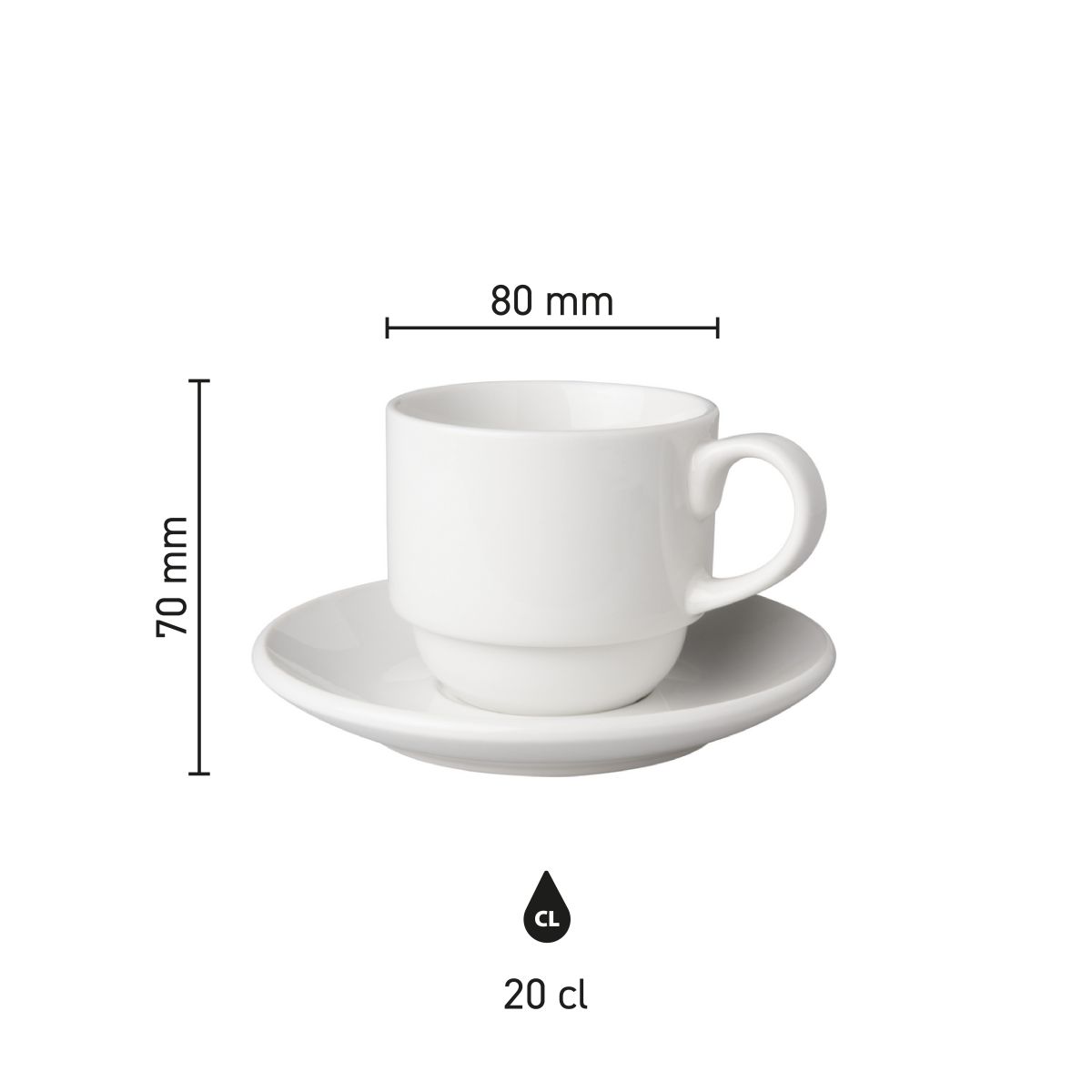 Infografik mit den Produktabmessungen von Tasse und Untertasse weiß Budgetline Wide 20 cl Porzellanset.