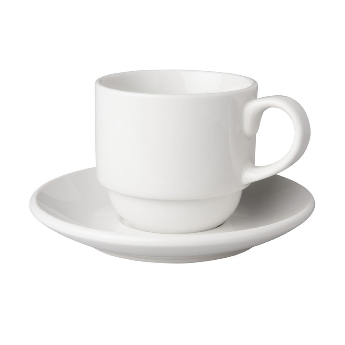 Budgetline Wide Tasse und Untertasse weißes Porzellan 20 cl in gerader Frontansicht, geeignet für Kaffee und Tee. Budgetline Wide Tasse und Untertasse weißes Porzellan 20 cl in gerader Frontansicht, geeignet für Kaffee und Tee.