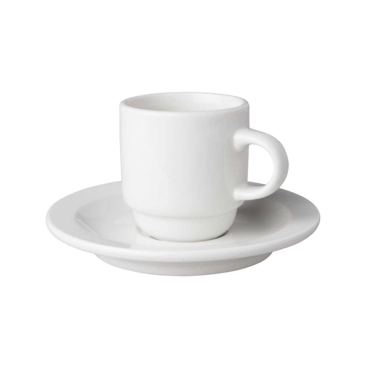 Vorderansicht von Tasse und Untertasse weiß Budgetline Narrow 14 cl Porzellan, klassisches und einfaches Design.