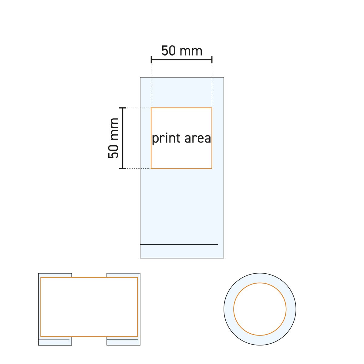 Technische Arbeitszeichnung eines Longdrinkglases 27 cl. mit markierter Druckfläche für Druck oder Gravur.