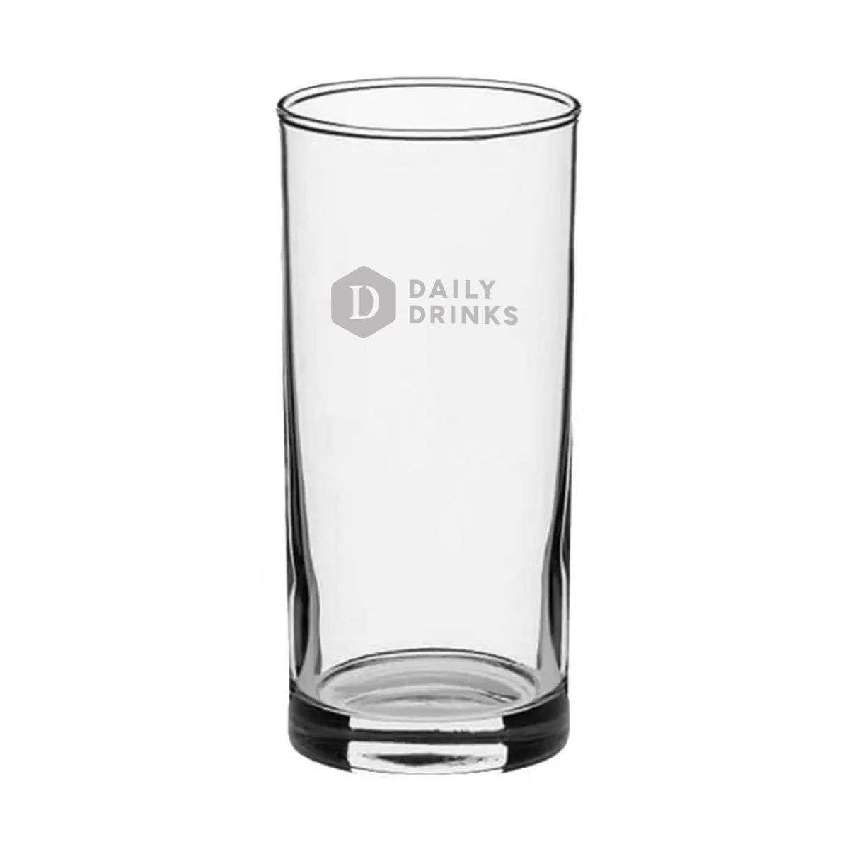 Vorderansicht eines Longdrinkglas 27 cl. mit dezent eingraviertem DailyDrinks-Logo auf der Glasoberfläche.